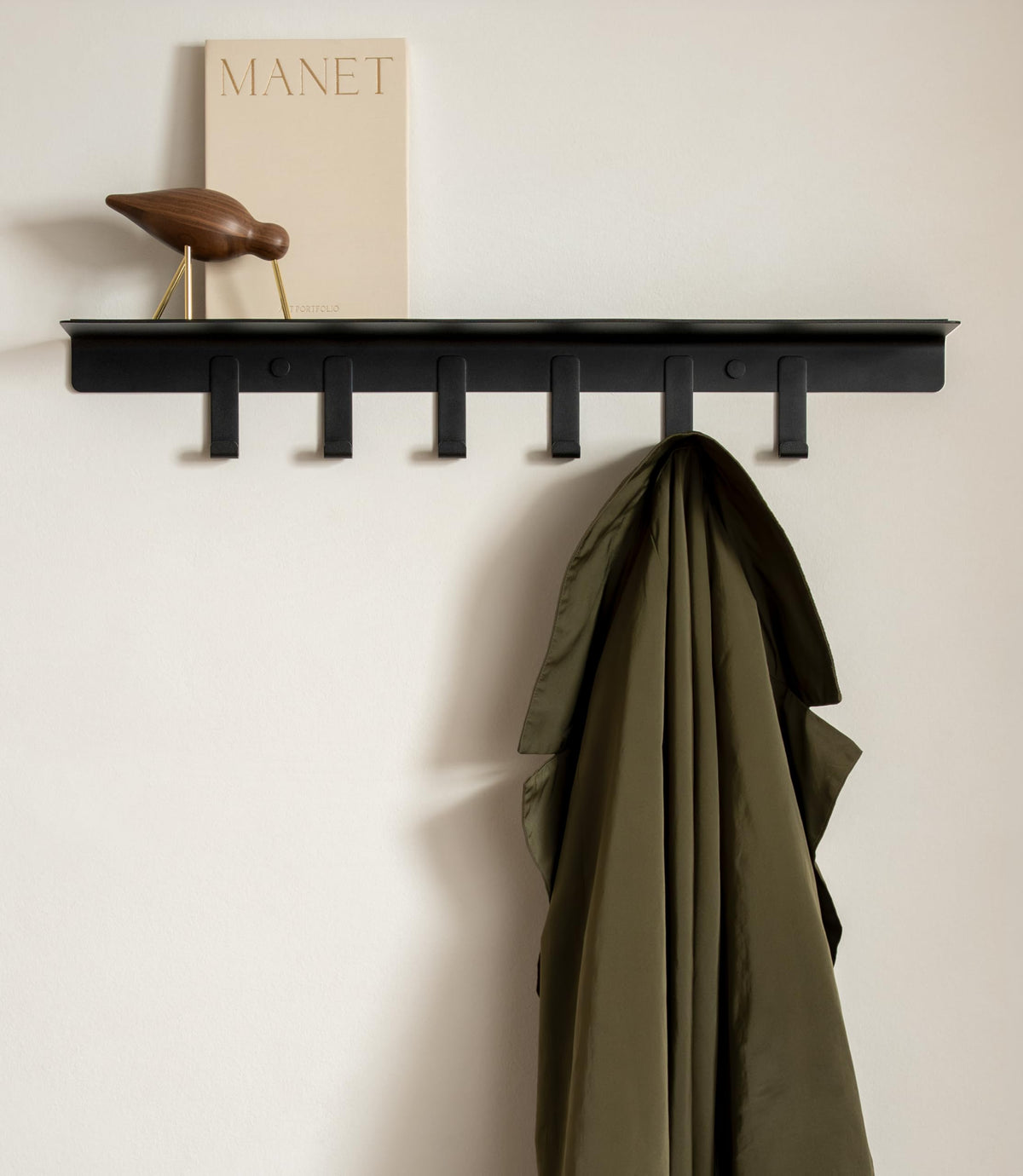 Kazai. Wall Mounted Coat Rack with Shelf 'Holmsen' | Modern Coat Hooks Wall Mounted | Hanger with Storage Shelf | Metal Hook Rack for Hallway | Black