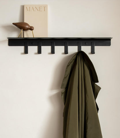 Kazai. Wall Mounted Coat Rack with Shelf 'Holmsen' | Modern Coat Hooks Wall Mounted | Hanger with Storage Shelf | Metal Hook Rack for Hallway | Black
