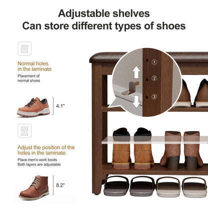AQIMUELE Shoe Bench, Shoe Bench Storage with Seat, Wooden Shoe Rack 3-Tier, for Hallway, Entryway, Living Room, Bedroom, 80cm Walnut
