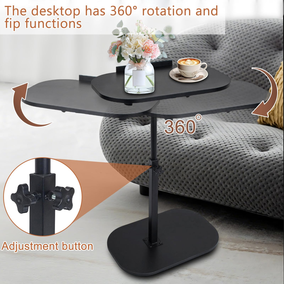 Kiss Me Adjustable Height C-Shape Side Table 360° Swivel Laptop Desk