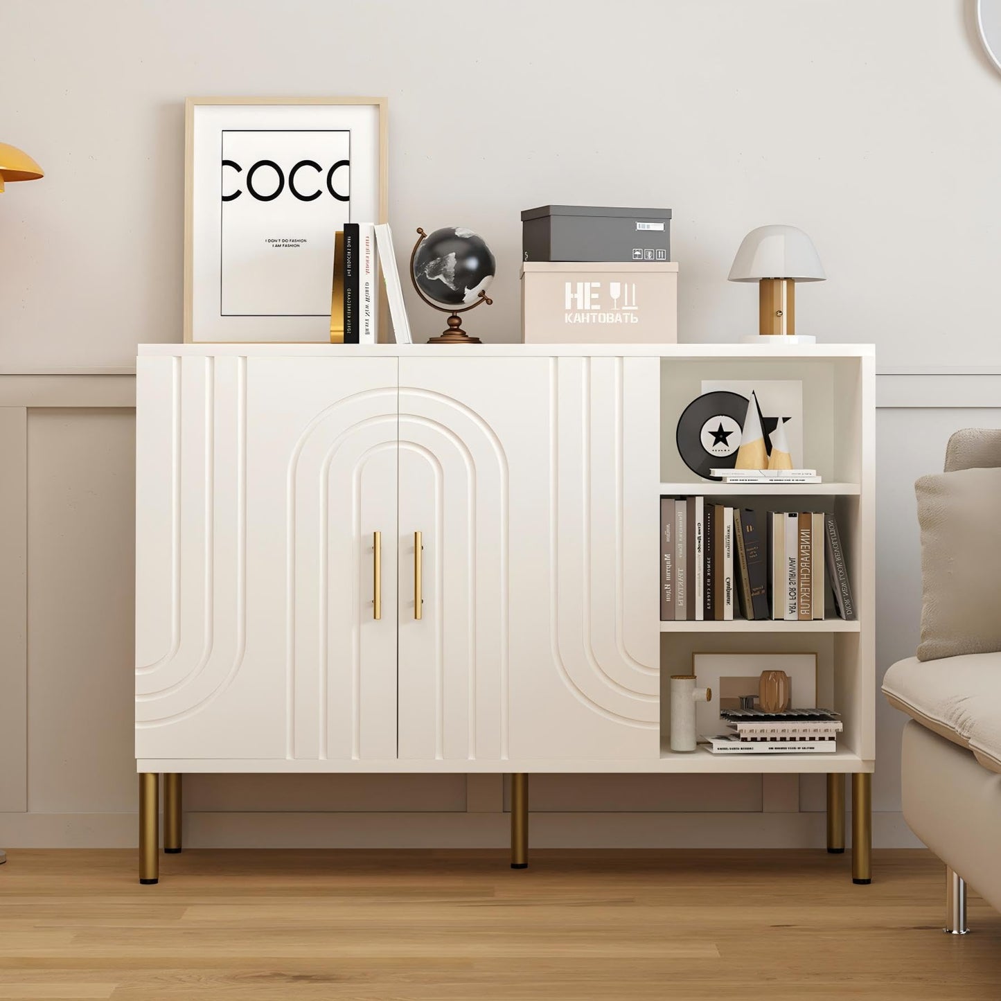 DAWNYIELD Sideboard with Curved Texture, Cream White, 110x35x82 cm