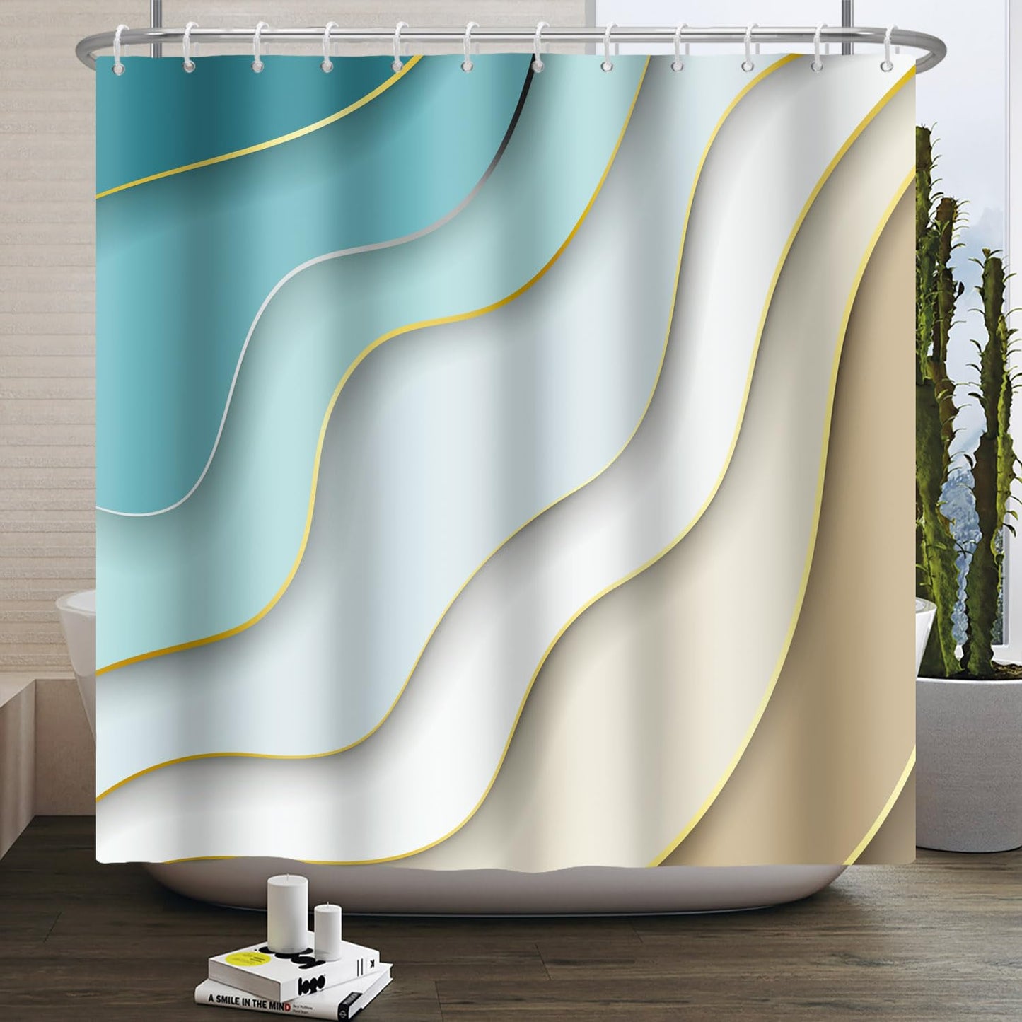 Kzzfqxb 180x180cm Shower Curtains with Plastic Hooks, Modern Abstract Art Simple Clean Blue Ocean Wave Golden Sand Beach Pattern Waterproof Occluded