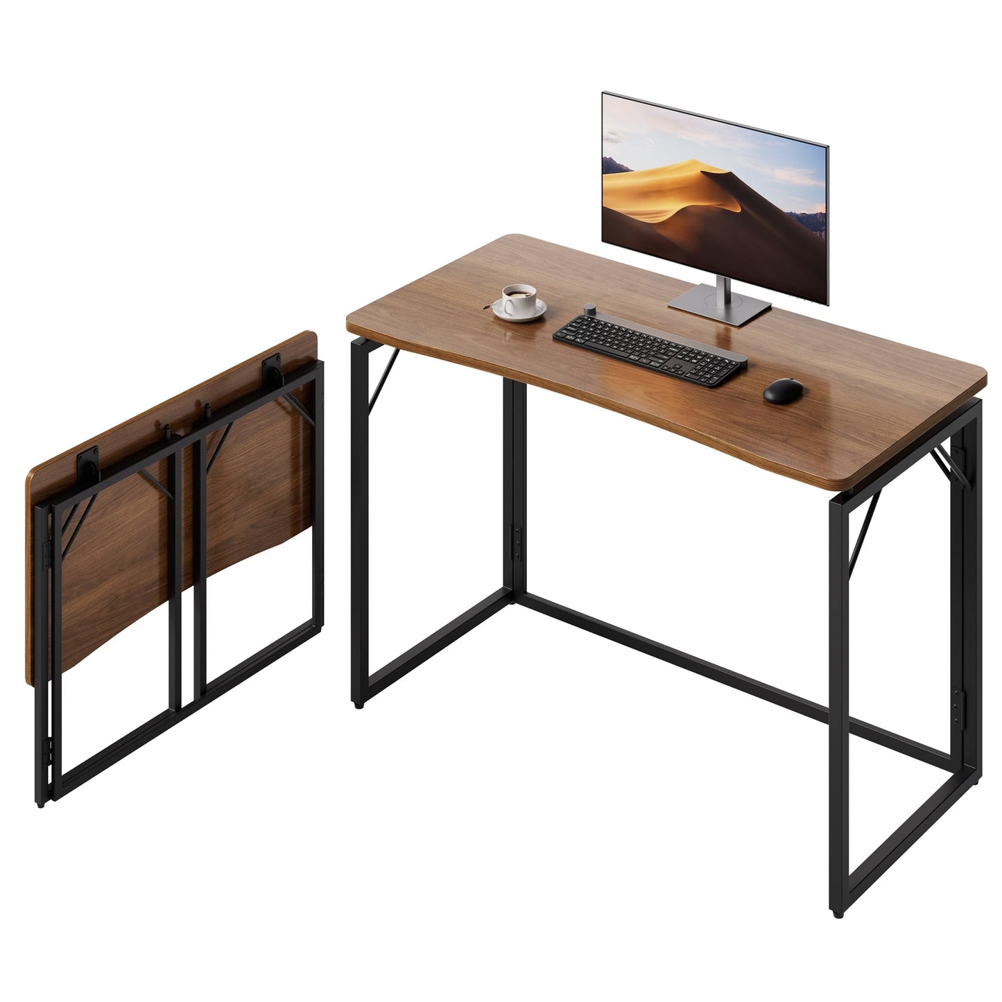 JOYMOOP 100 x 50 cm Folding Desk - Brown, No Assembly Middle Size Foldable Desk for Home, Office, Wooden Top Folding Computer Desk for Working