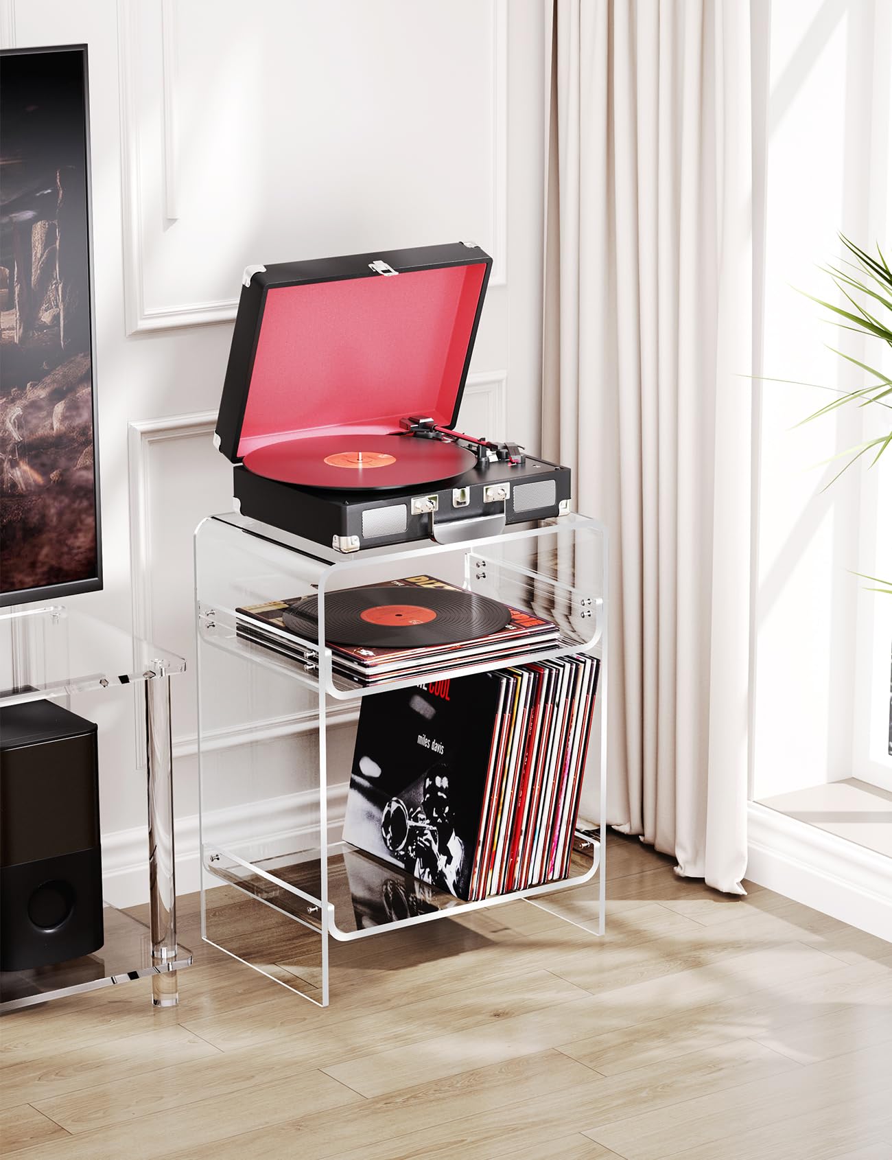 Dewrhiixe Acrylic Record Player Table with Storage Shelf, Clear Side Table, Nightstand (Clear, 45×30×58 cm, Acrylic)