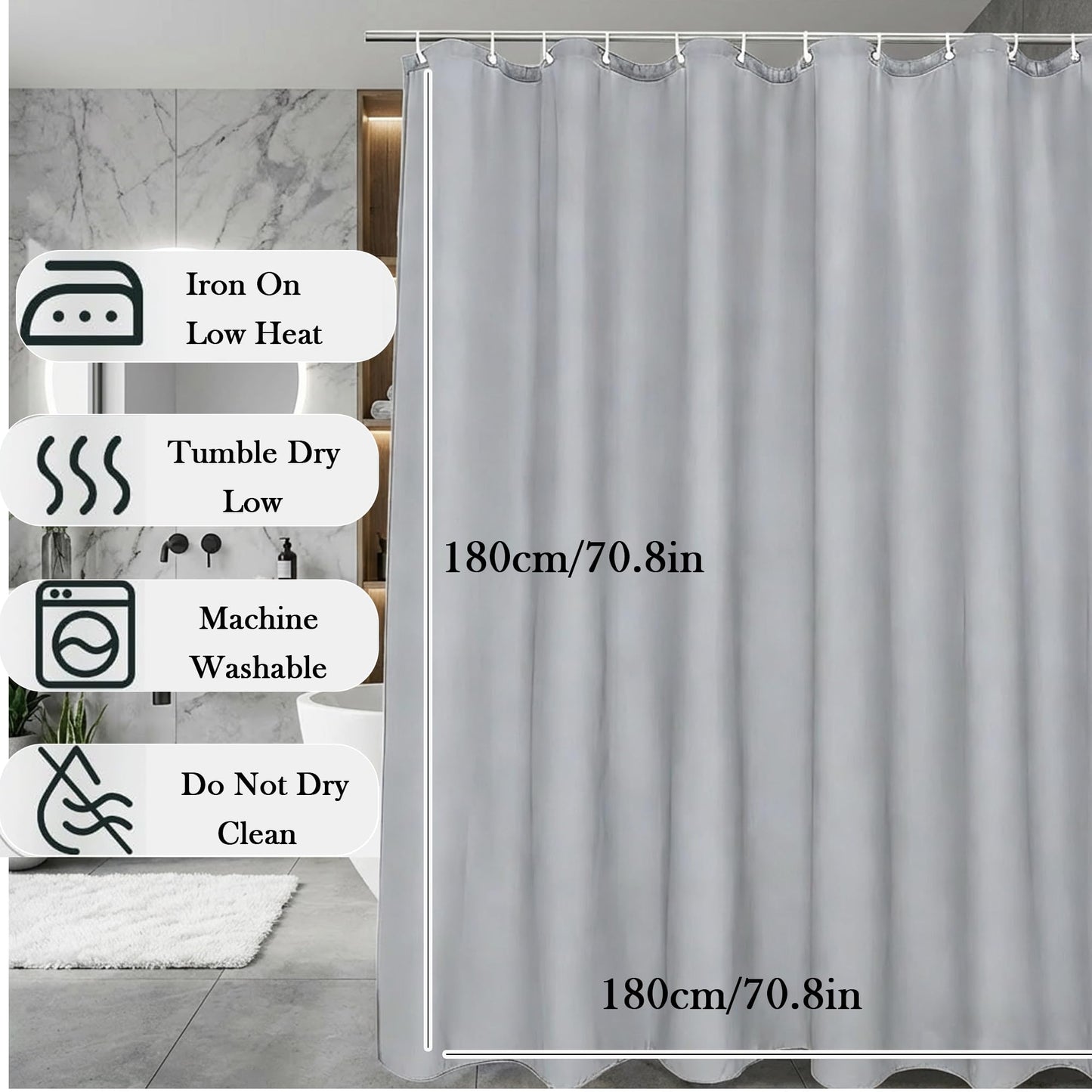AmzDaKai Shower Curtain PEVA, Waterproof Anti-Mould Bath Curtain with Weight Tape & 12 Hooks, 180x180 cm (71x71 Inch) for Bathroom (Grey)
