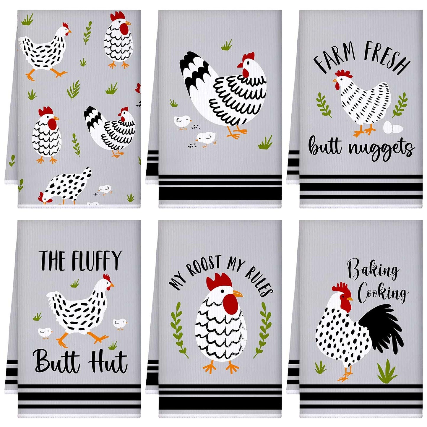 Boyiee Set of 6 Farm Chickens Kitchen Towels Farmhouse Absorbent Dish Tea Towels Rustic Country Rooster 24 x 16 Inches Gifts Chickens Hand Washcloth
