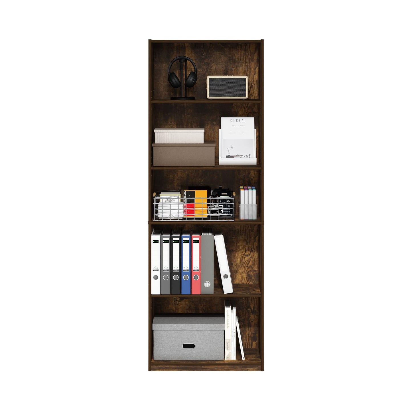 Furinno GEHRY Book Shelf, 5-Tier Bookshelf, Bookcase, with Adjustable Shelves, 11.6 x 24.8 x 71.4, for Home Office, Living Room, Amber Oak