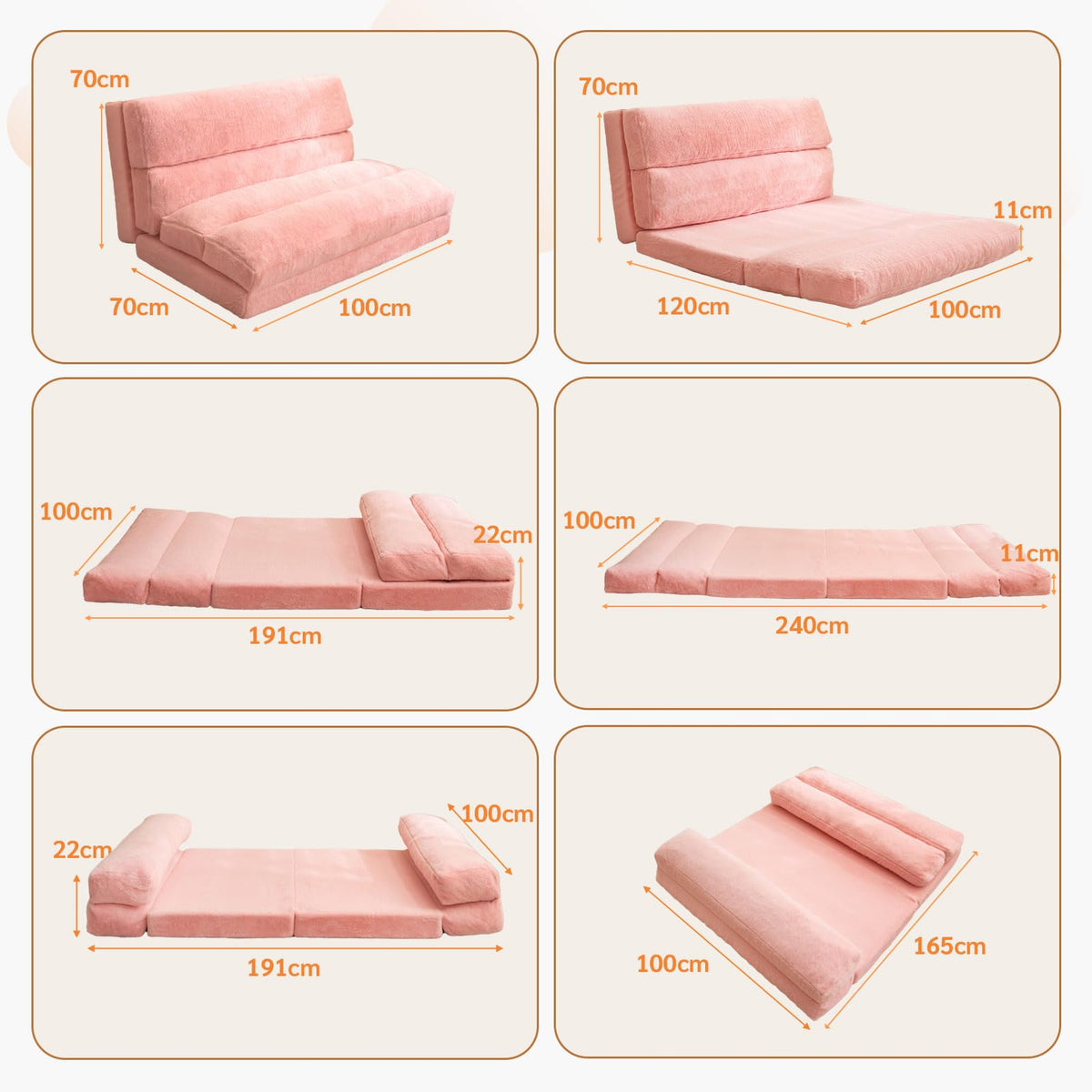 MAXYOYO Bean Bag Bed Folding Sofa Bed Mattress for Adults, Extra Thick 6 Fold Floor Couch for Bedroom Living Room, Pink, 100x240 cm