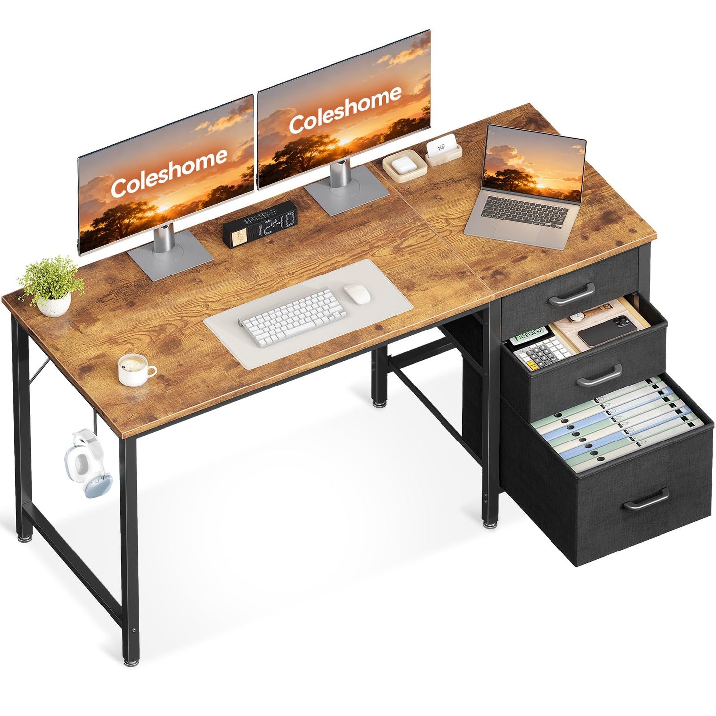 Coleshome Computer Desk with Drawers, 120cm Office Desk with Storage, Brown