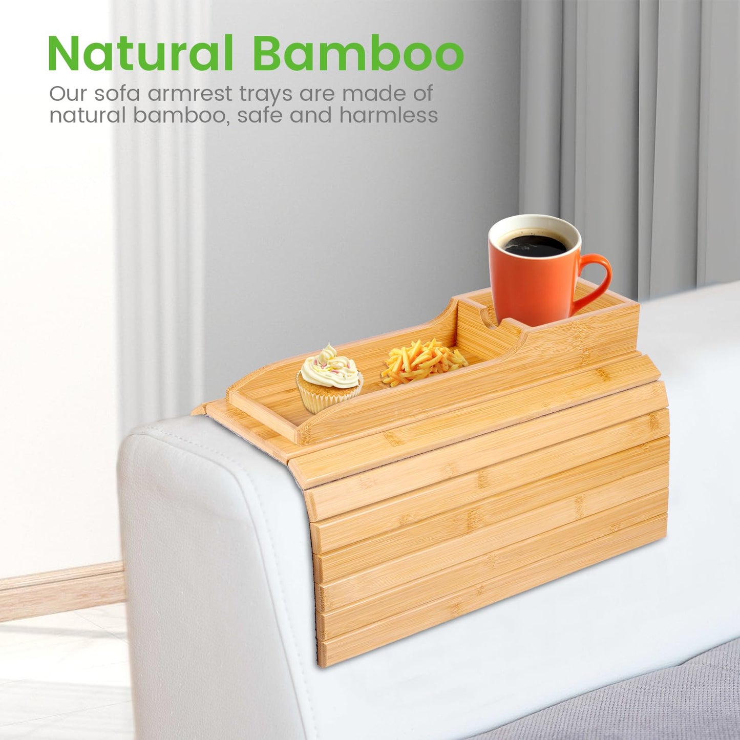 YUNYOUC Couch Arm Tray, Bamboo Sofa Table for Couch, Foldable Sofa Arm Tray with Cup Holder, Non-Slip Armrest Organizer for Drink, Cup, Snack, Control