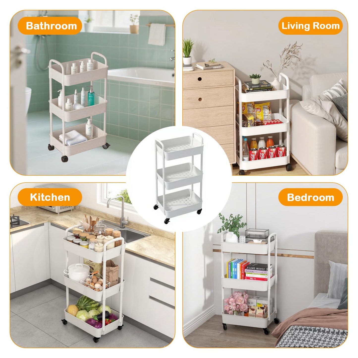 Eidoct Beauty Trolley on Wheels 3 Tier Storage Trolley with handle Space-Saving Beauty Trolleys Rolling Utility Cart Craft Trolleys on Wheels for