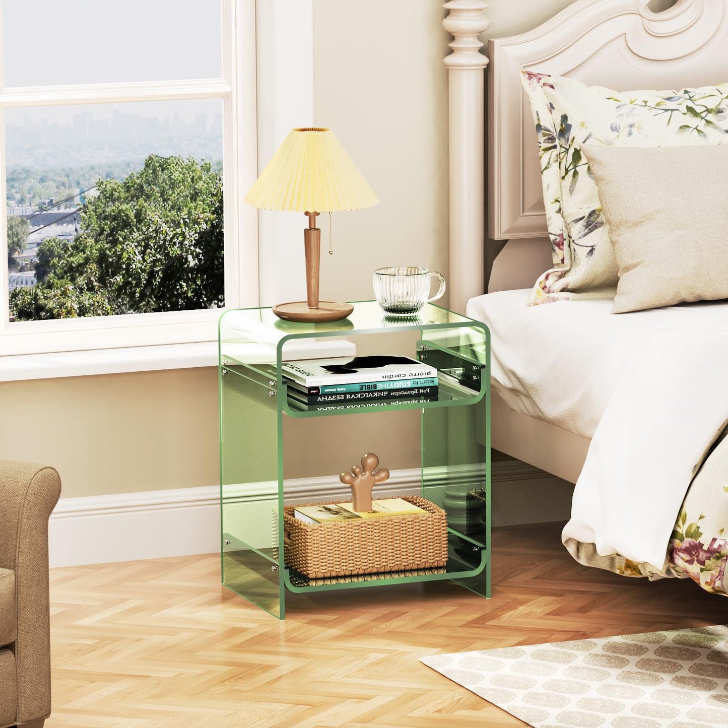 Acrylic End Table with Storage Shelf, Clear Side Table, Record Player Table, Nightstand, 15.7x19.7x11.8 (Green, 40×30×50 cm)