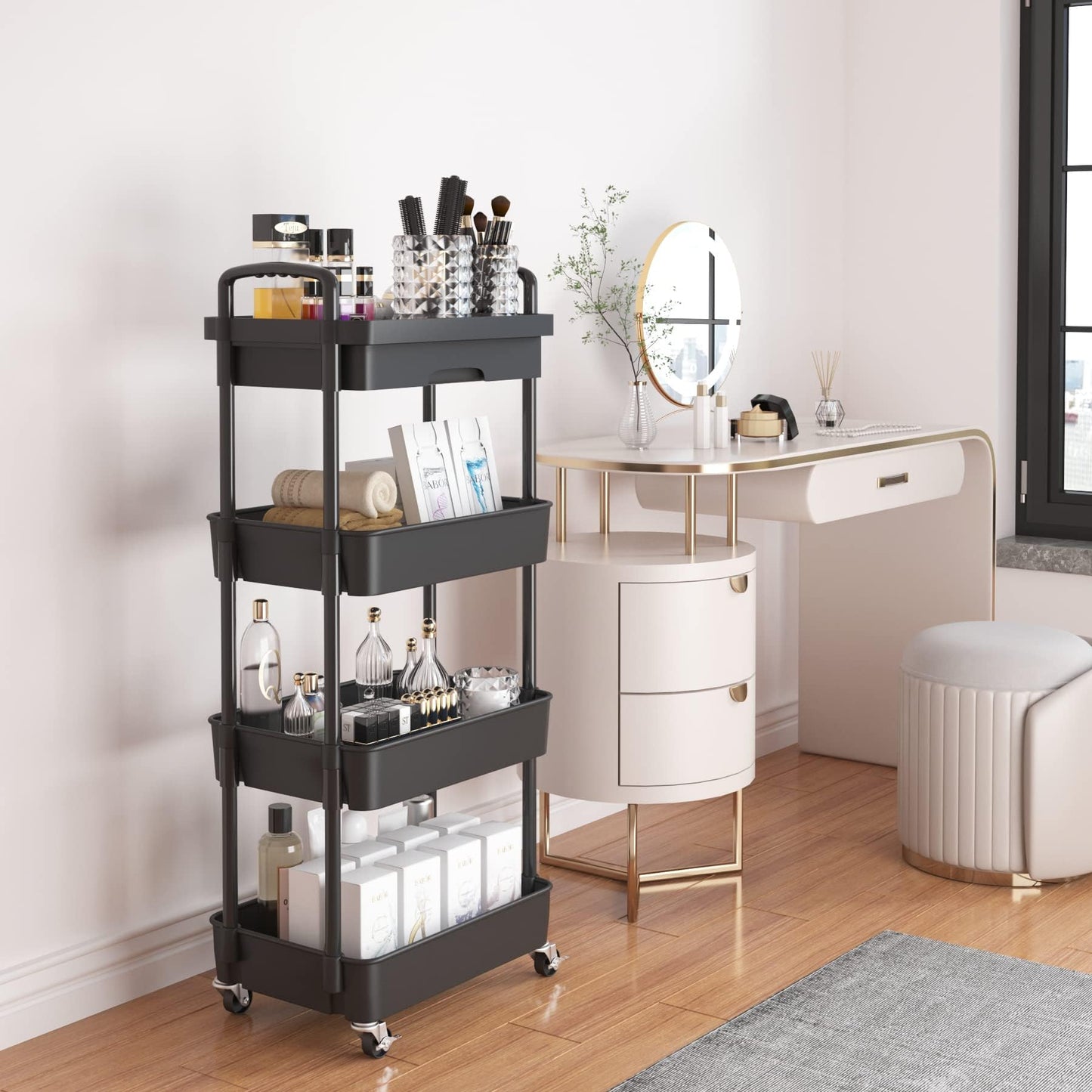 Wuciray Beauty Trolley on Wheels 4 Tier Storage Trolley with Drawer Plastic Beauty Trolleys Rolling Utility Cart Craft Trolleys on Wheels for Home