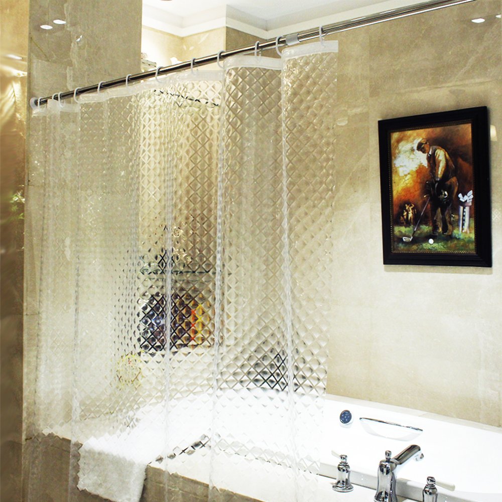 ecooe Shower Curtain Waterproof Mildew Resistant 180 x 180 cm Inch Plastic Clear Shower Curtains 100% EVA Bath Curtain 3D Rhombus 70 x 70 with 12