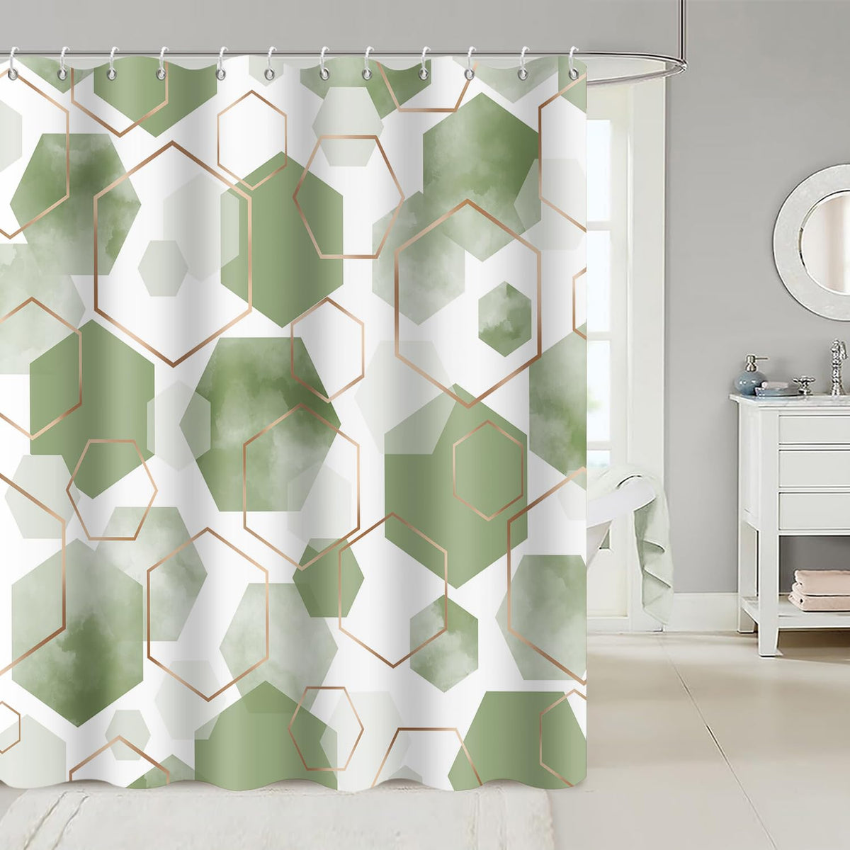 GCIREC Shower Curtain, 180x200cm, Green Modern Abstract Art Watercolor Geometric Grid Waterproof Fabric Machine Washable Bathroom Curtain with Hooks