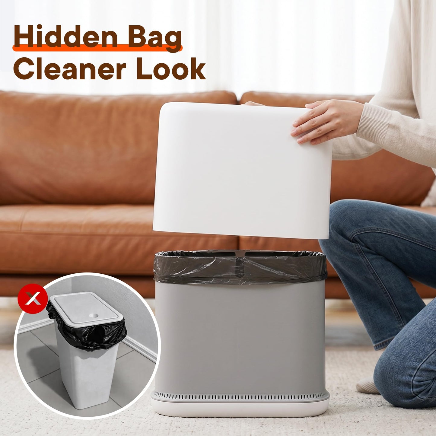 TidyTale Bathroom Trash Can with Lid, Slim Garbage Bin with Inner Bucket, Dog Proof Press Top Lid Small Narrow Wastebasket, Hidden Bag Design