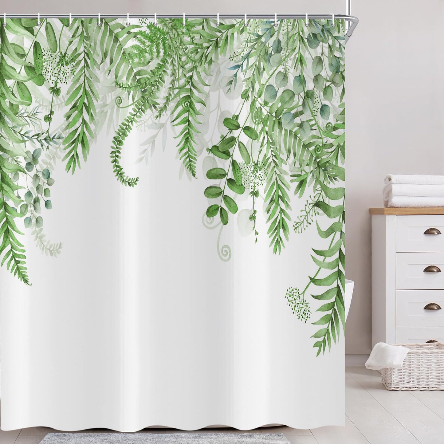 ASDCXZ Green Eucalyptus Shower Curtain 180x200 cm, Green Eucalyptus Leaves Spring Watercolor Plants Waterproof Bath Curtain Polyester Textile
