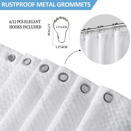 FY&XZH Heavy-Duty Waffle Weave Shower Curtain with Stainless Steel Hooks, Thick Fabric for Bathroom, Hotel, Spa & Salon-183 x 214cm White