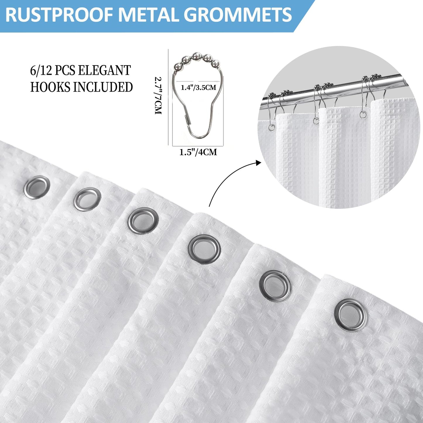 FY&XZH Heavy-Duty Waffle Weave Shower Curtain with Stainless Steel Hooks, Thick Fabric for Bathroom, Hotel, Spa & Salon-153 x 214cm (White)