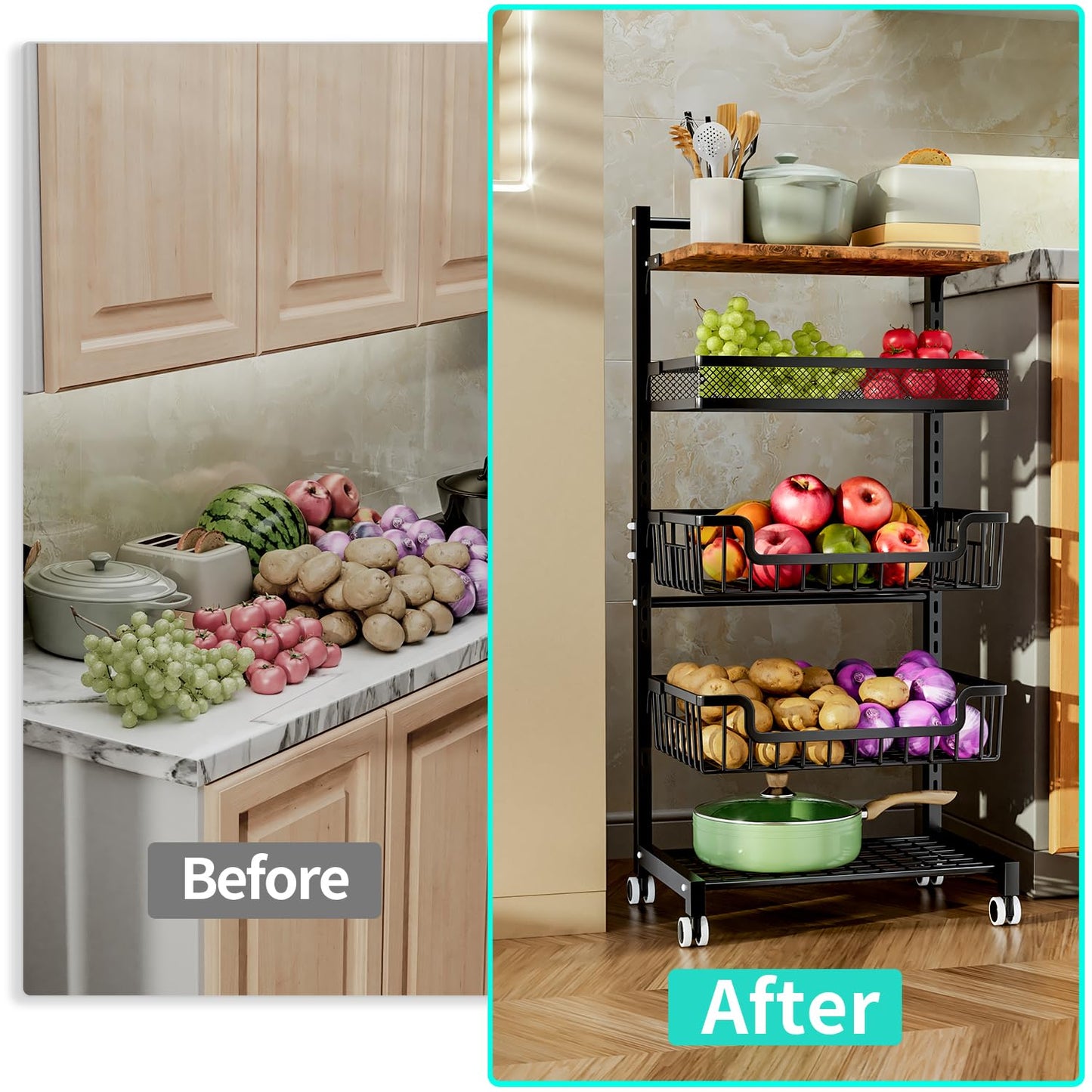HapiRm Fruit Basket Kitchen Cart - 5 Tier Adjustable Vegetable Storage Rack