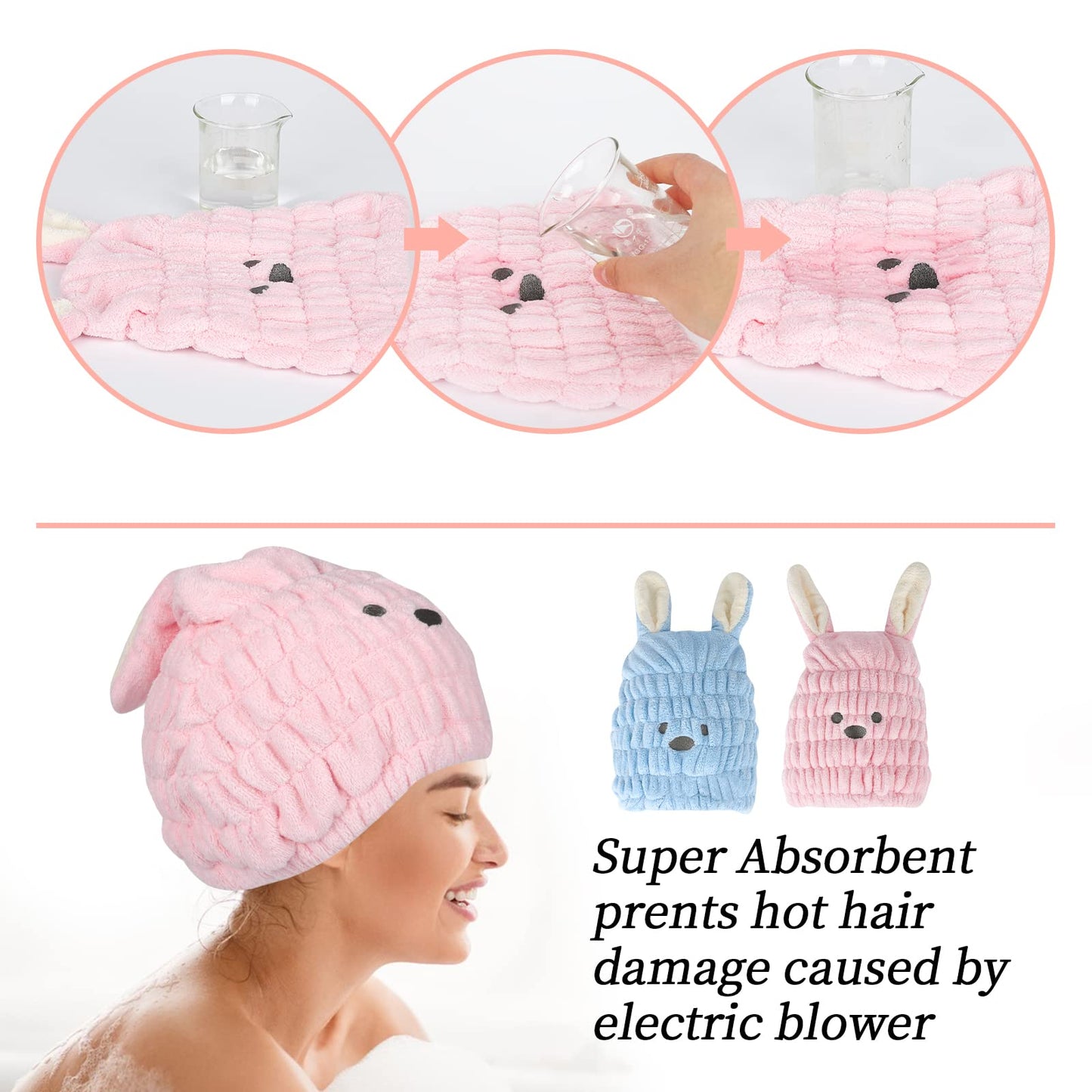 2 Pieces Dry Hair Hat Hair Drying Towels for Women Microfiber Dry Hair Cap with Cute Rabbit Ears Quick Drying Bath Cap Cartoon Hair Turbans Twist