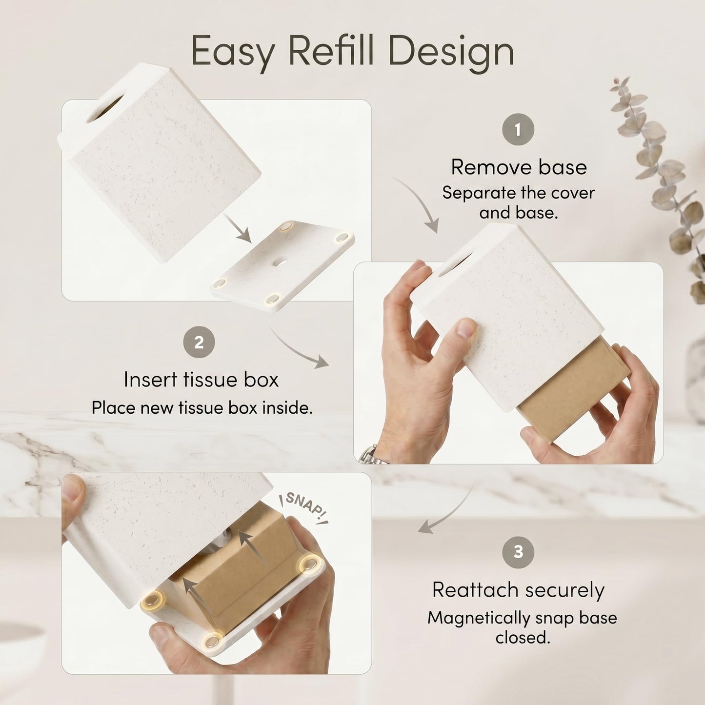 White Tissue Box Cover, Modern Square Decorative Tissue Box Holder with Travertine-Inspired Finish, Removable Magnetic Base Lid