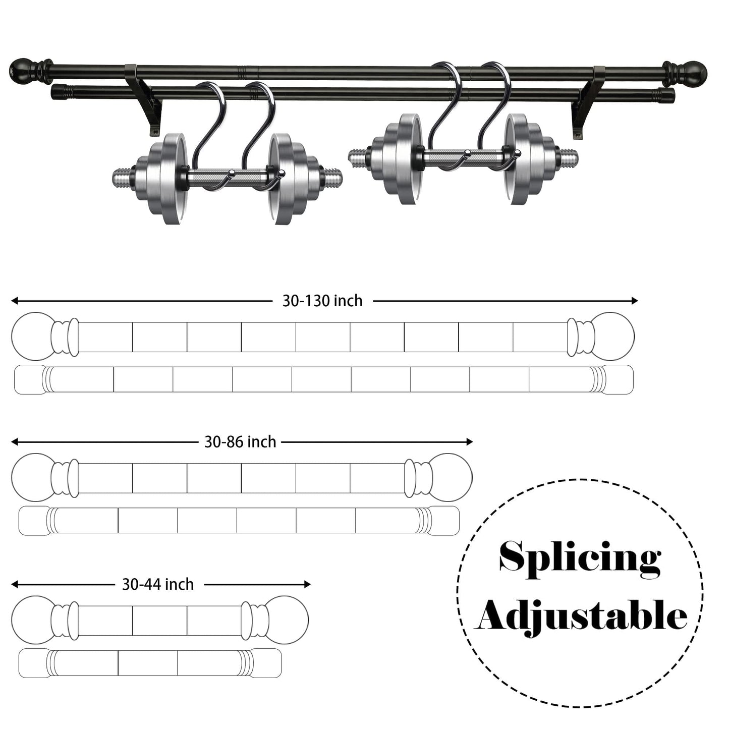 Harrms Double Curtain Pole - Black Extendable Metal Rod 76-332cm for Eyelet, Blackout, and Voile Curtains - Room Darkening