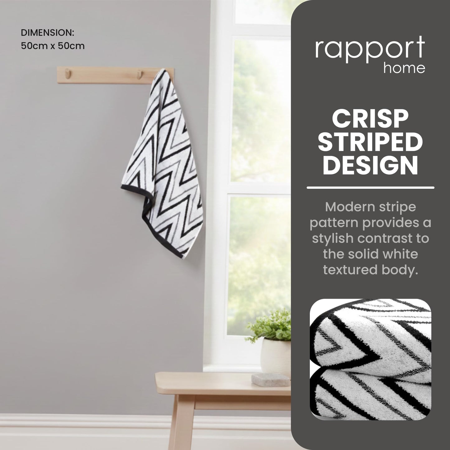 Rapport Home Helix Hand Towels 2 Pack, 50x85cm 100% Cotton - Mono Black