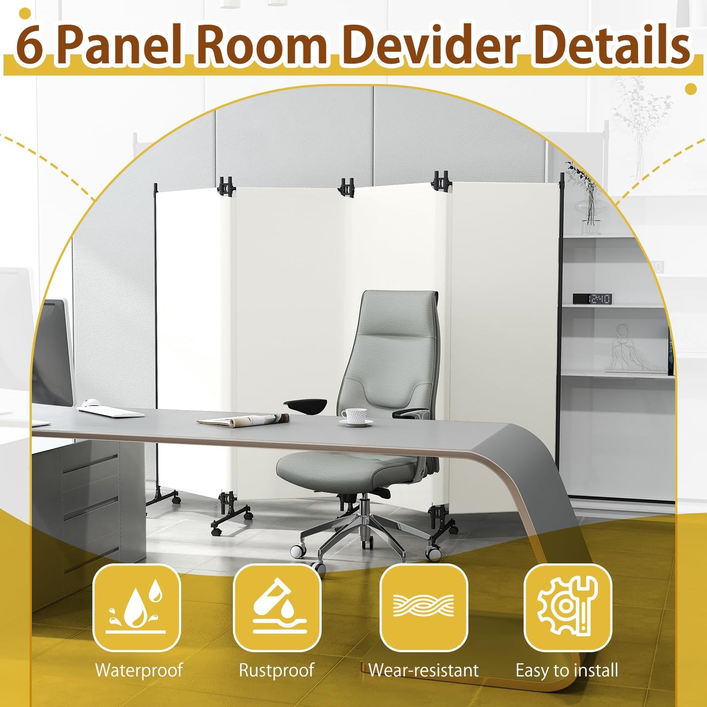HIDODO 4 Panel Upgraded Room Divider with Wheels, 247cm W x 183cm H, Beige