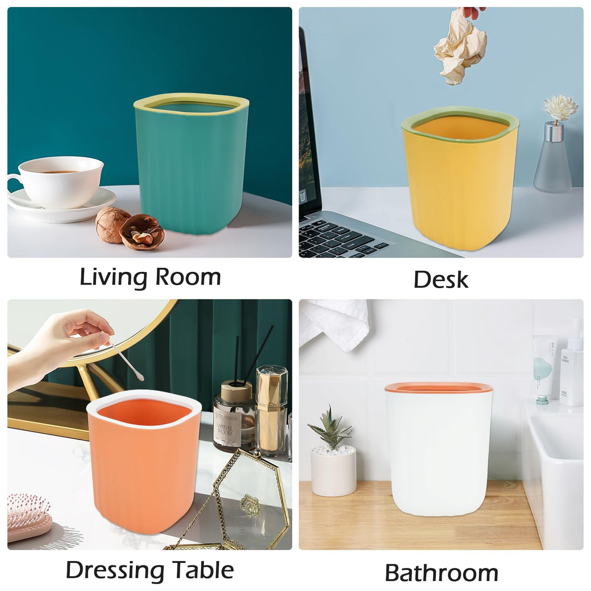 4PCS Mini Desktop Trash Bin, Colourful Wastebasket Bathroom Bins with 8 Rolls Bin Liners, Small Plastic Tea Bag Trash Can 12.5*12.5*15cm