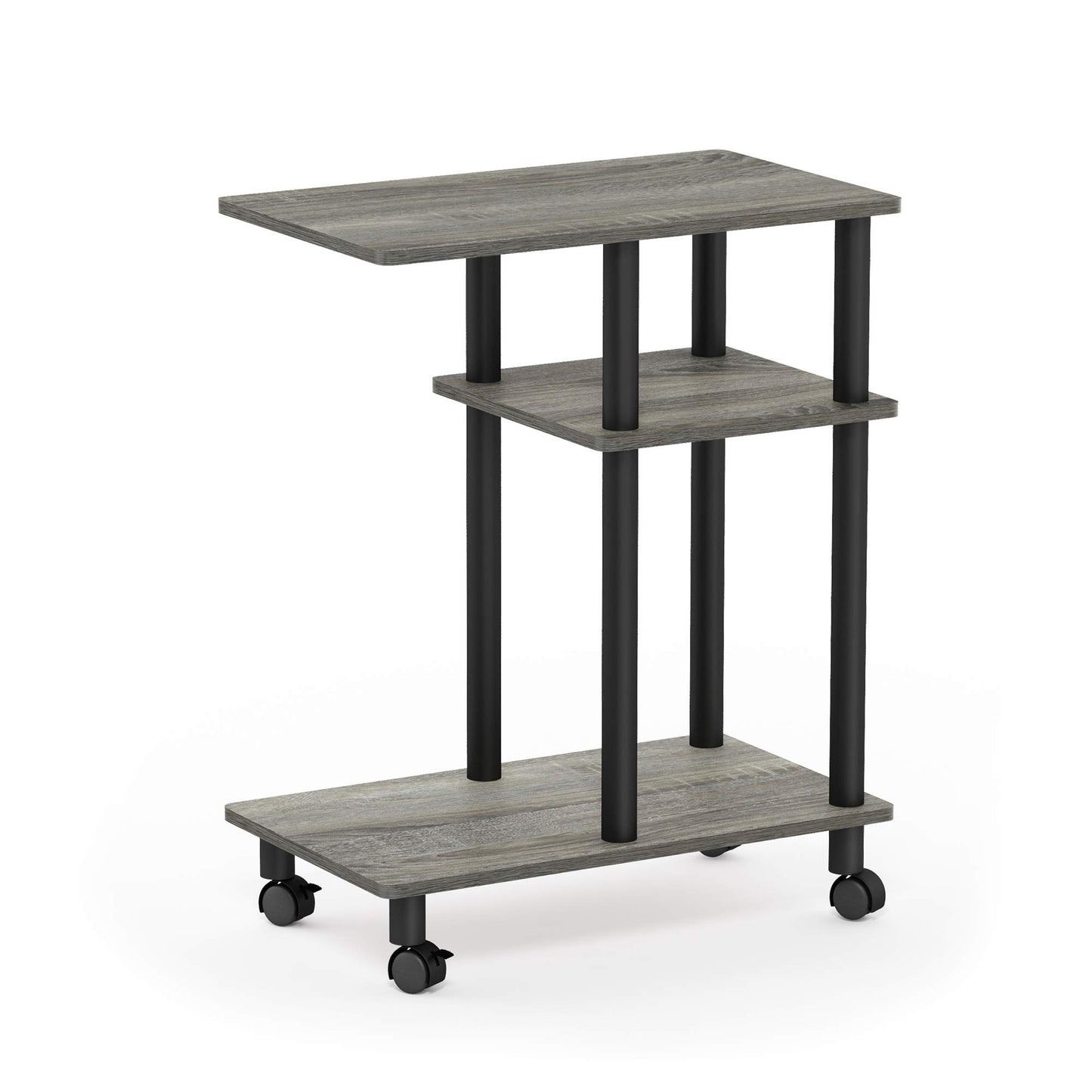 Furinno TURN-N-TUBE Side Table, 3-Tier C-Shape End Table with Wheels, Toolless Assembly Night Stand, Bedside Table with Open Shelf, for Living Room