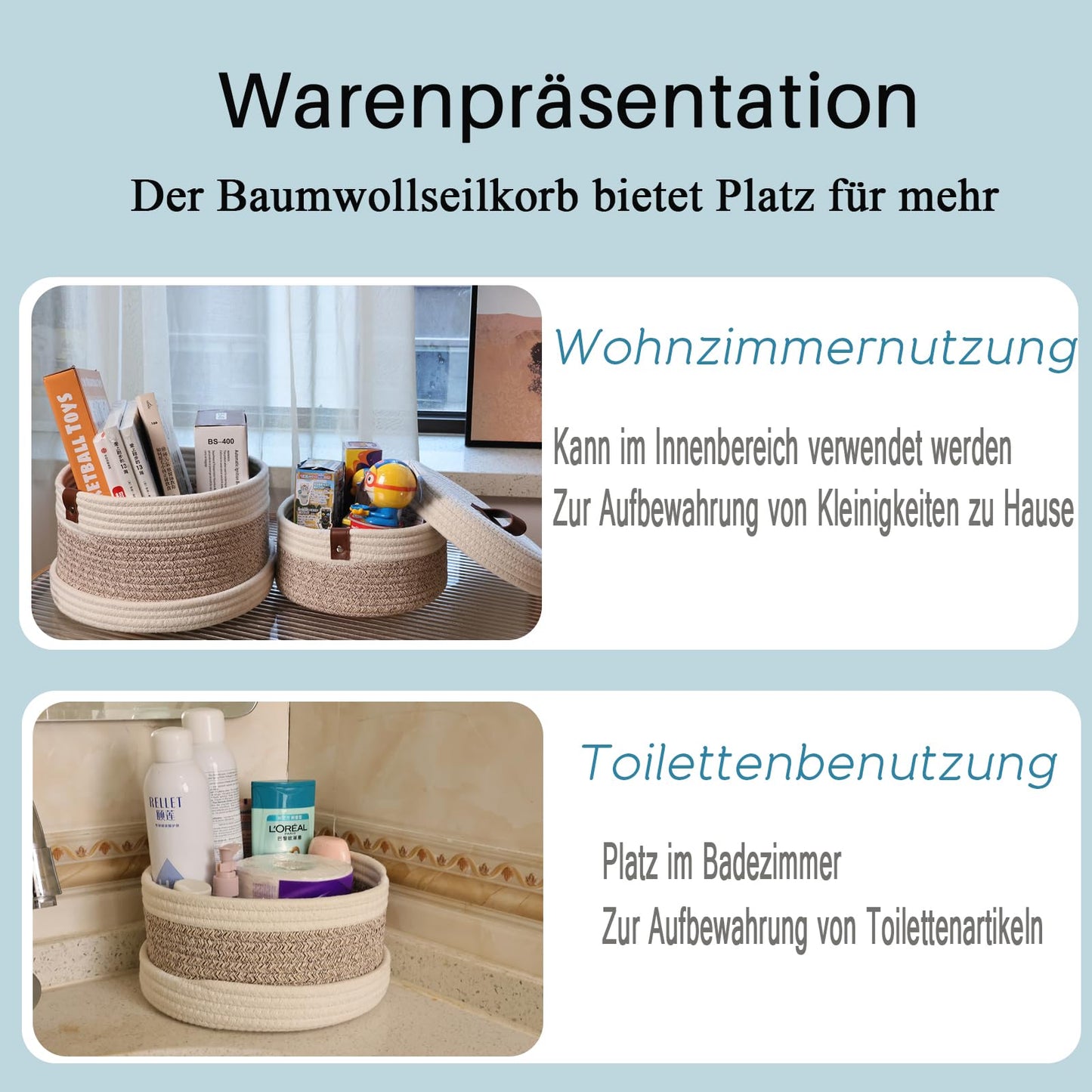 Yearonan 2 Pieces Storage Baskets with lids-Cotton Rope Lidded Basket-Natural cotton thread, leather buckle