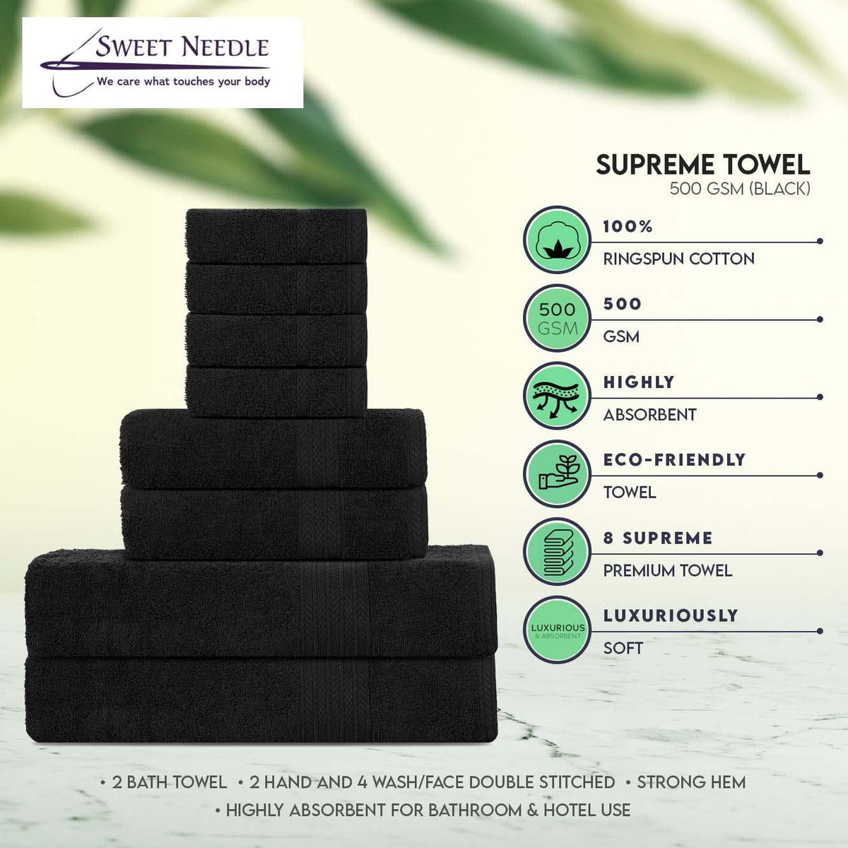 Supreme Premium Cotton Luxury Towels Set by Sweet Needle, Black - 2 Bath Towel, 2 Hand and 4 Wash/Face - 500 GSM, Double Stitched, Strong Hem