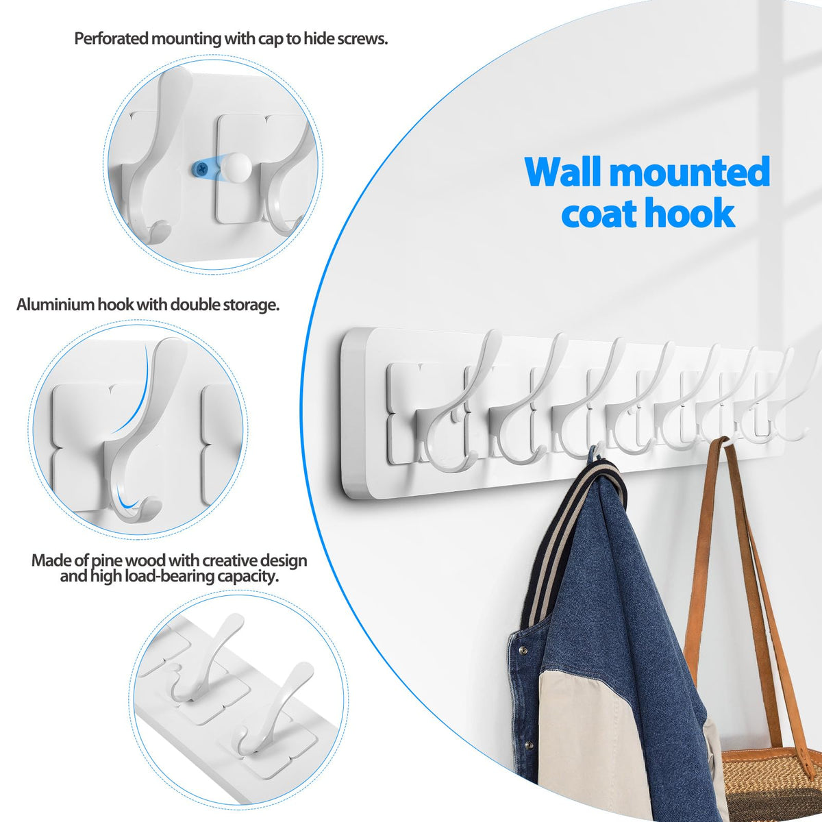 VIEBSOTG Coat Rack Wall Mounted,Wooden Wall Coat Rack with 8 Double Hooks for Hanging Coats,Hats,Jackets White, 8 Double Hooks