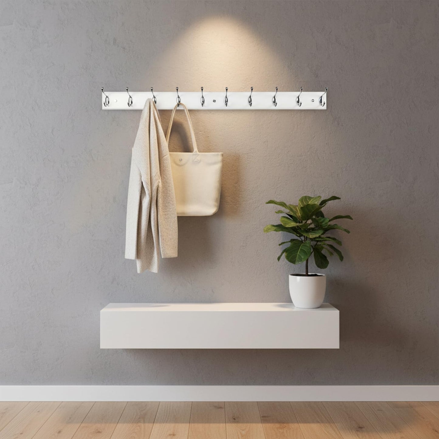 lomejii Long Wooden wall Mounted Coat Rack Wood White 10 Hooks, 95 cm, Sturdy Silver Coat Hook Rack for Clothes, Hats, Bags