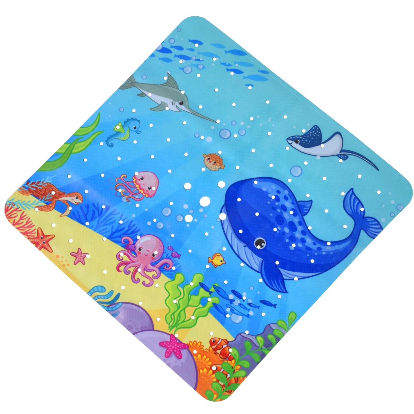 OTraki Baby Bath Mats Non Slip, 53x53cm Cartoon Shower Mat Marine Animal World Bathtub Mat with Suction Cups Drain Holes Machine Washable Kids Bath