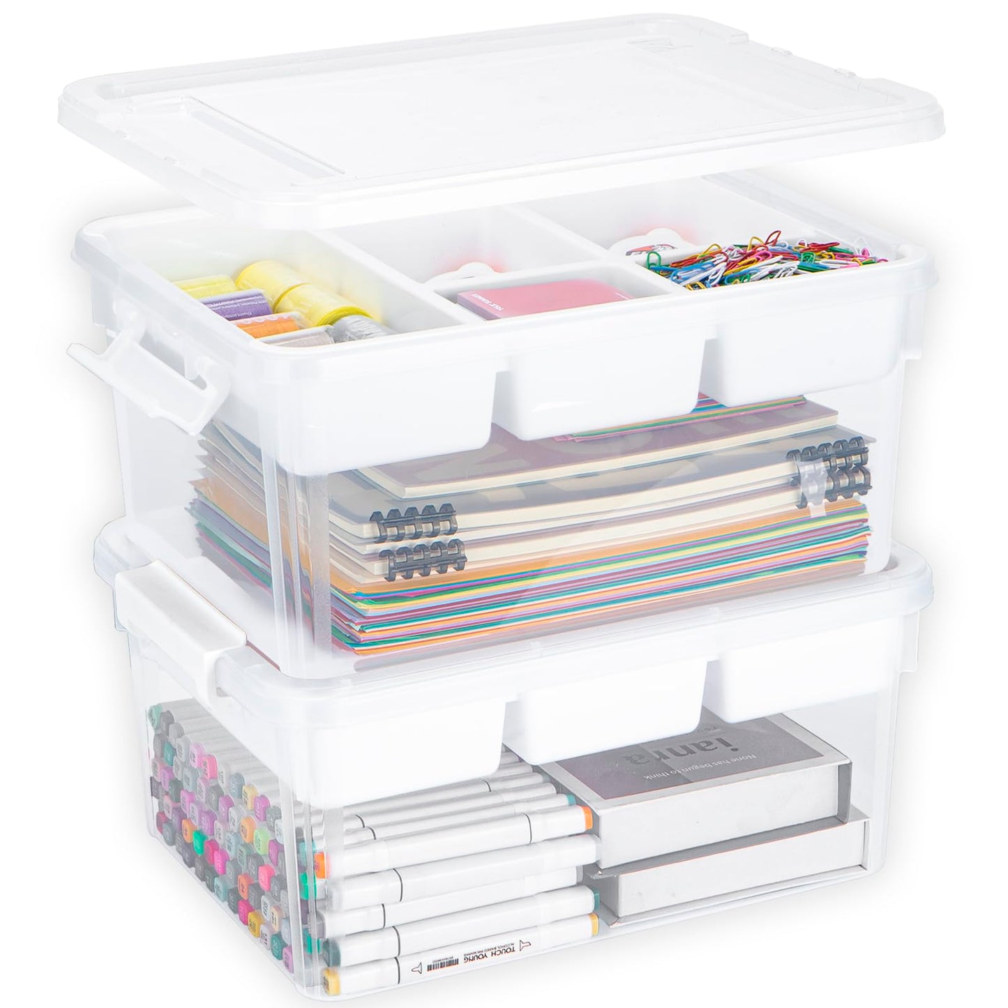 Creahaus 2Pack 16L Organizers and Storage Box with Removable Tray, Durable Plastic Containers with Lids and Latching Buckles, Stackable Art & Craft
