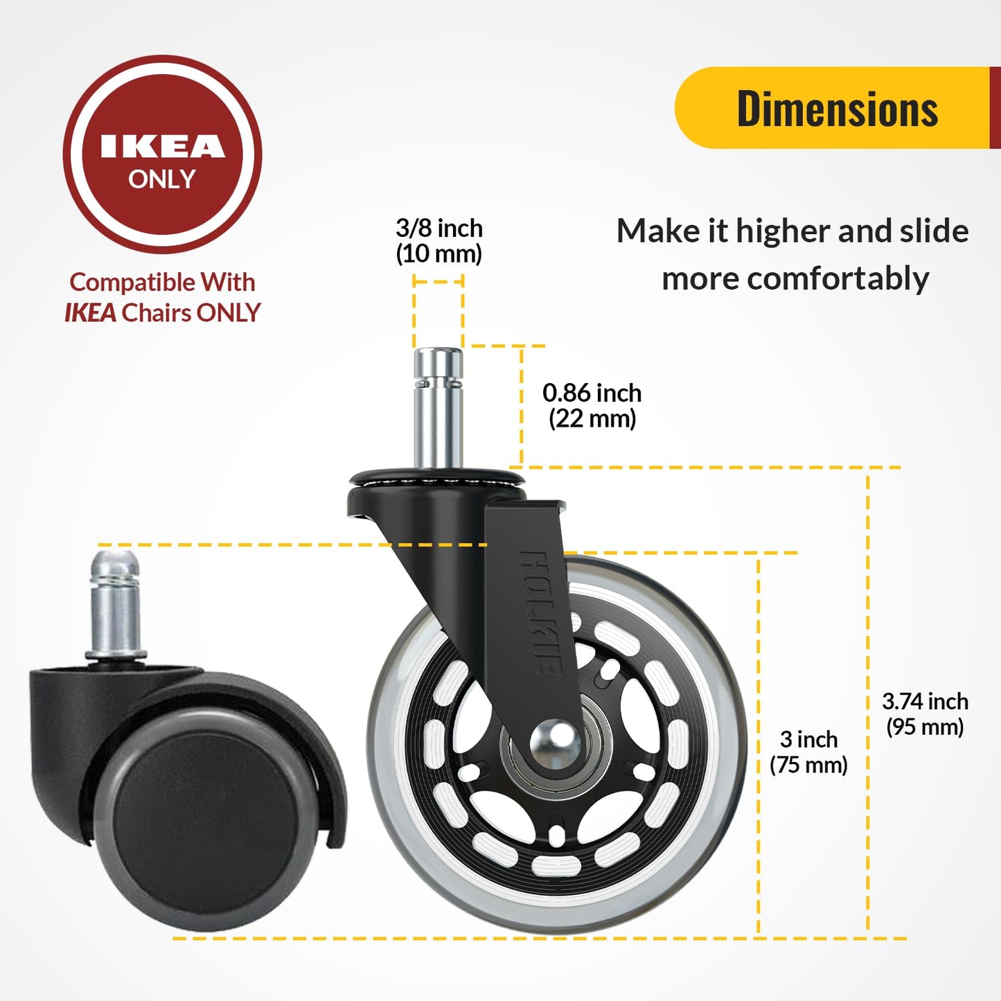 HOLKIE Office Chair Casters Wheels Transparent 10x22mm 3 Inch Fit 1KEA ONLY Black Castors Replacement for Carpet and Hardwood Floor