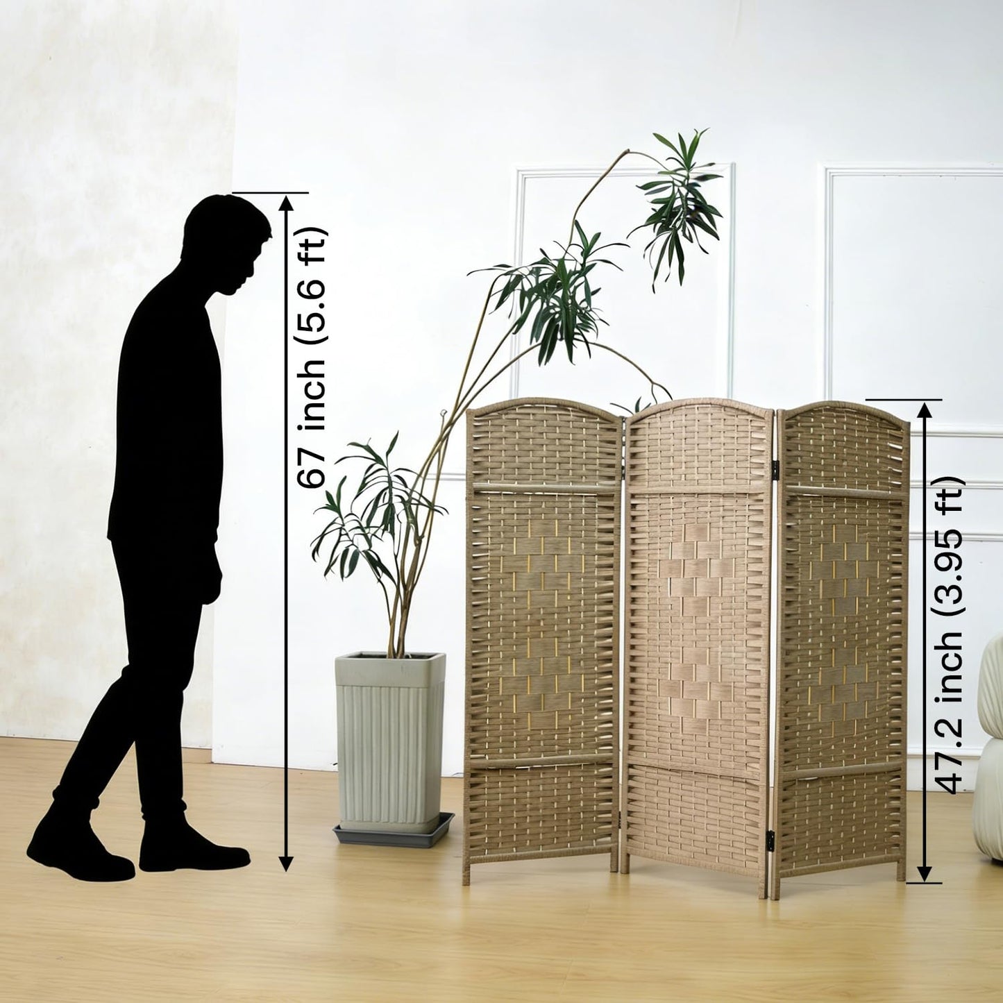 Furnnylane 3 Panel Light Brown Rattan Divider Short Room Partition Screen,Double Sided Short Folding Divider for Room Separation,120 cm Tall