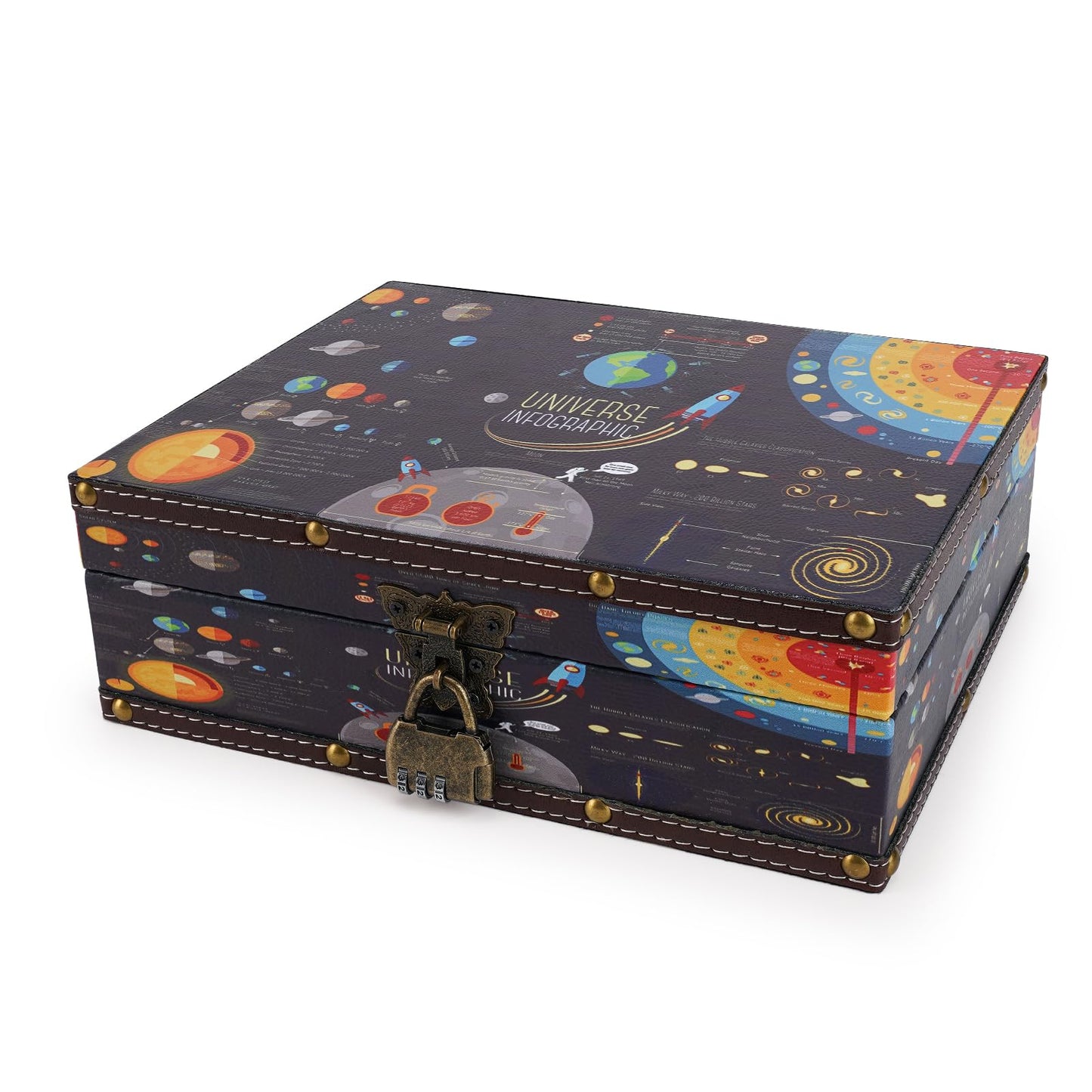 Wood and Leather Treasure Chest with Lid and Lock-Decorative Jewelry Keepsake Storage Box for Kids