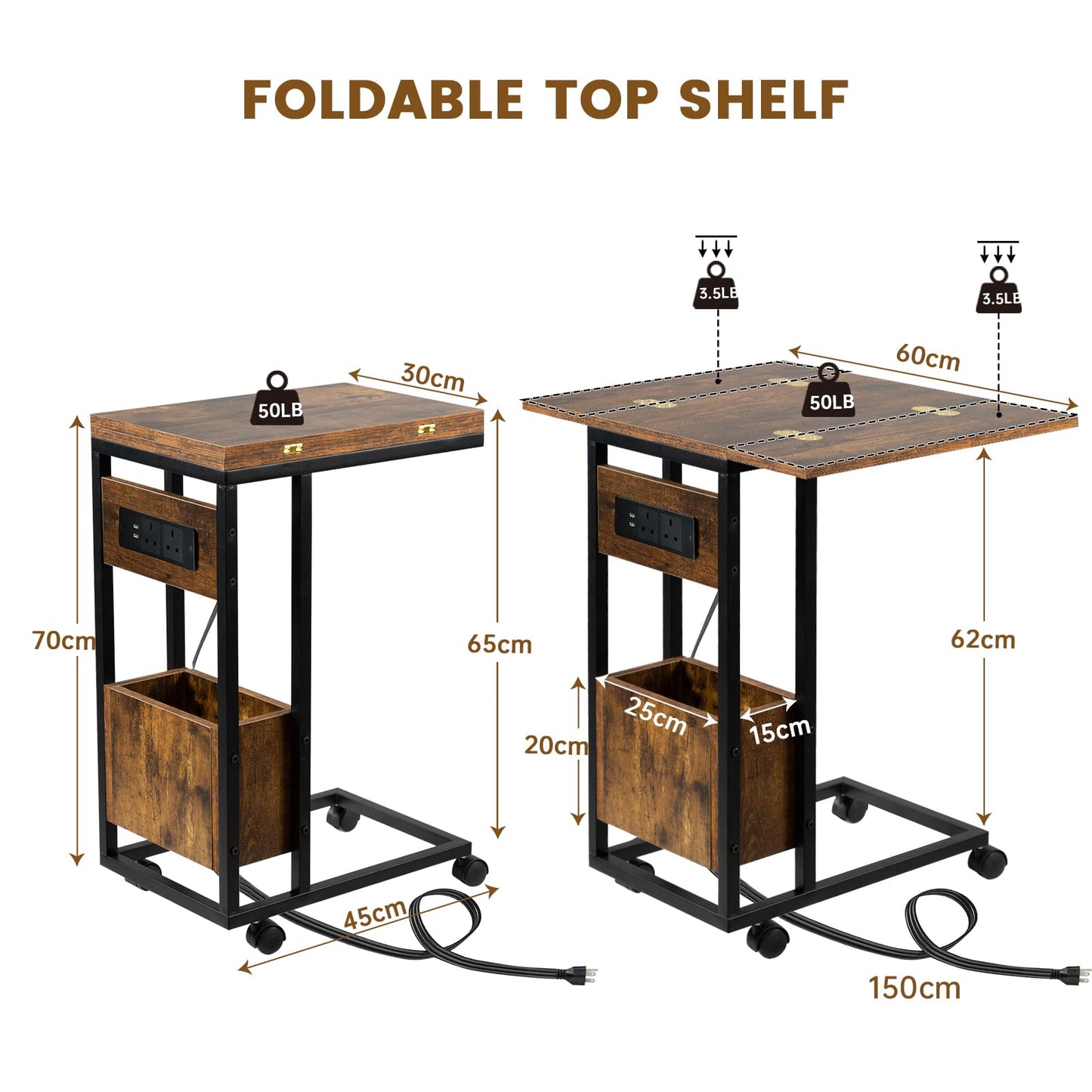 Hadulcet c shaped side table, sofa table with Charging Station & Foldable Tabletop, Laptop Table for Couch, C Table with Storage for Sofa