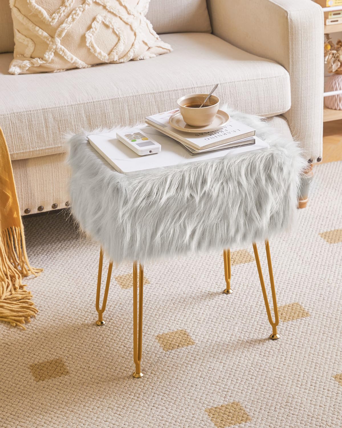 IBUYKE Rectangular Faux Fur Vanity Stool with Storage, Gray WBD022G