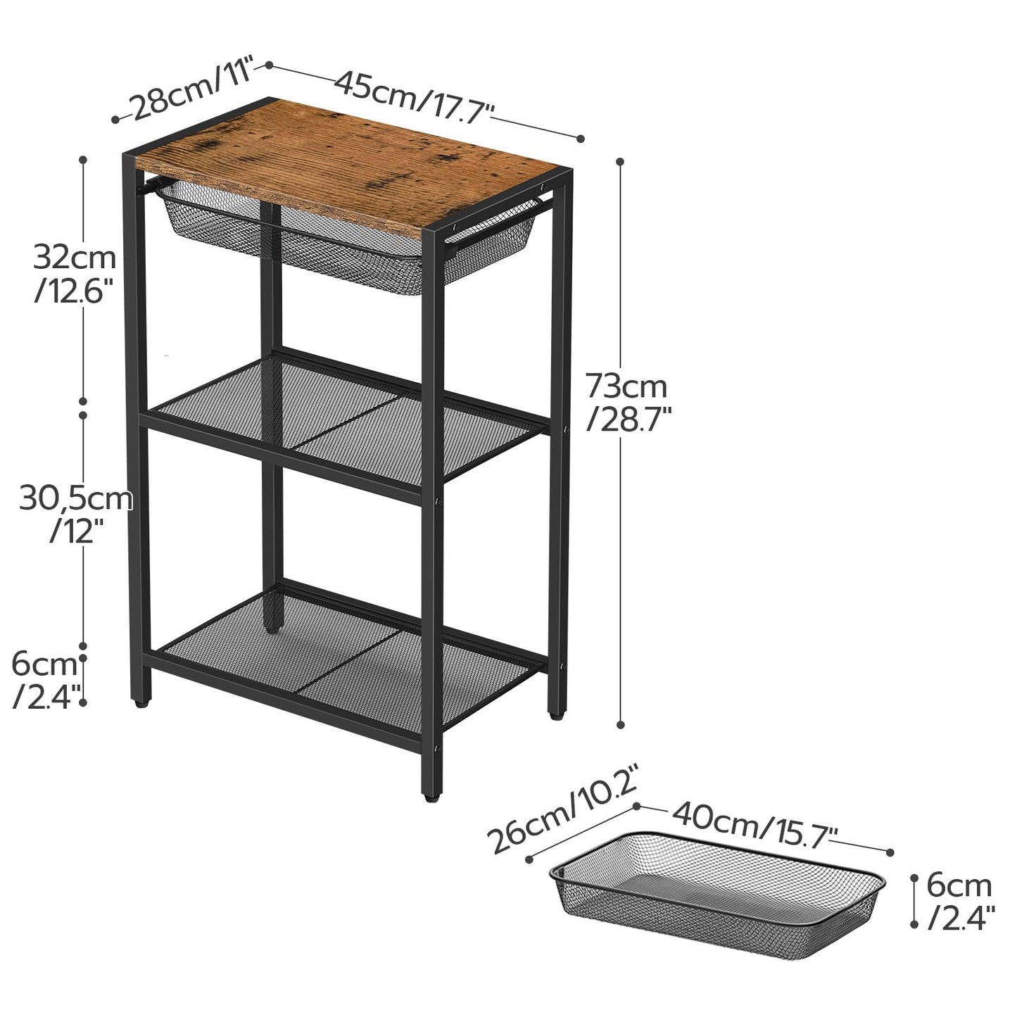 HOOBRO Tall Side Table, 3-Tier Industrial Telephone End Table with Storage Shelves and Basket, Small Laptop Table for Living Room, Bedroom, Office