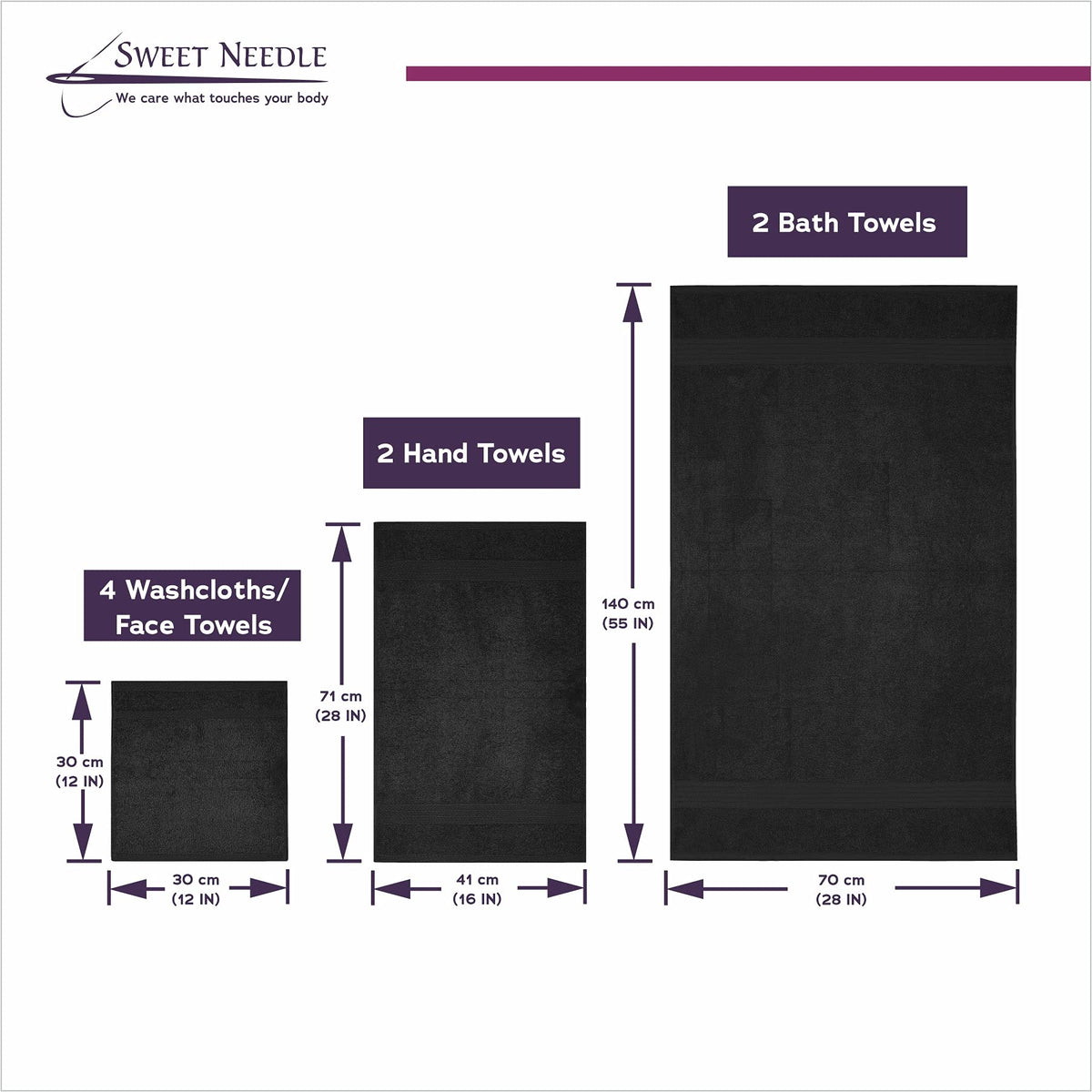 Supreme Premium Cotton Luxury Towels Set by Sweet Needle, Black - 2 Bath Towel, 2 Hand and 4 Wash/Face - 500 GSM, Double Stitched, Strong Hem
