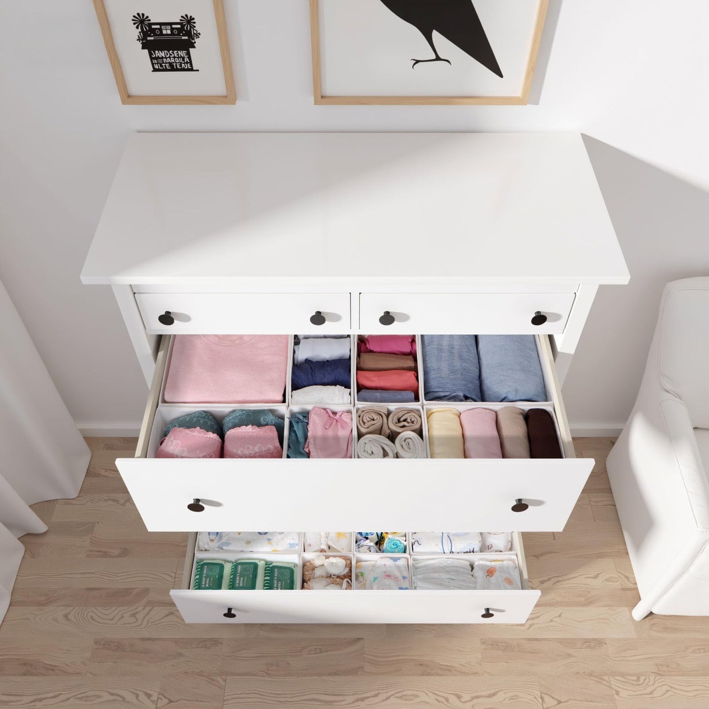 ORLISA 16 Pack Drawer Organiser Set for Hemnes Dressers, Fabric Drawer Dividers & Wardrobe Organisers for Clothes Storage, Underwear