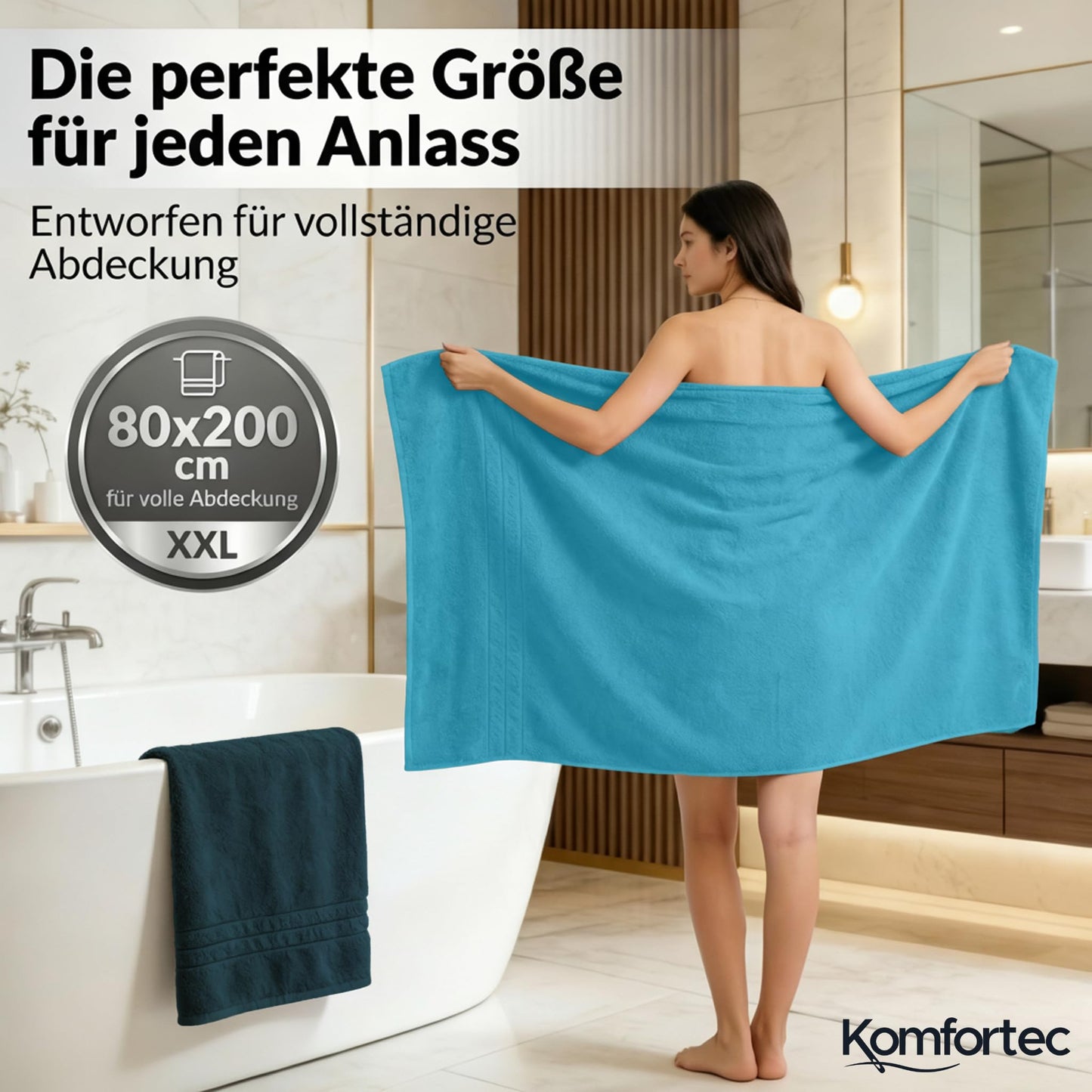 Komfortec Jumbo Bath Towels, 100% Cotton, Quick Dry, 80x200, Teal & Turqoise