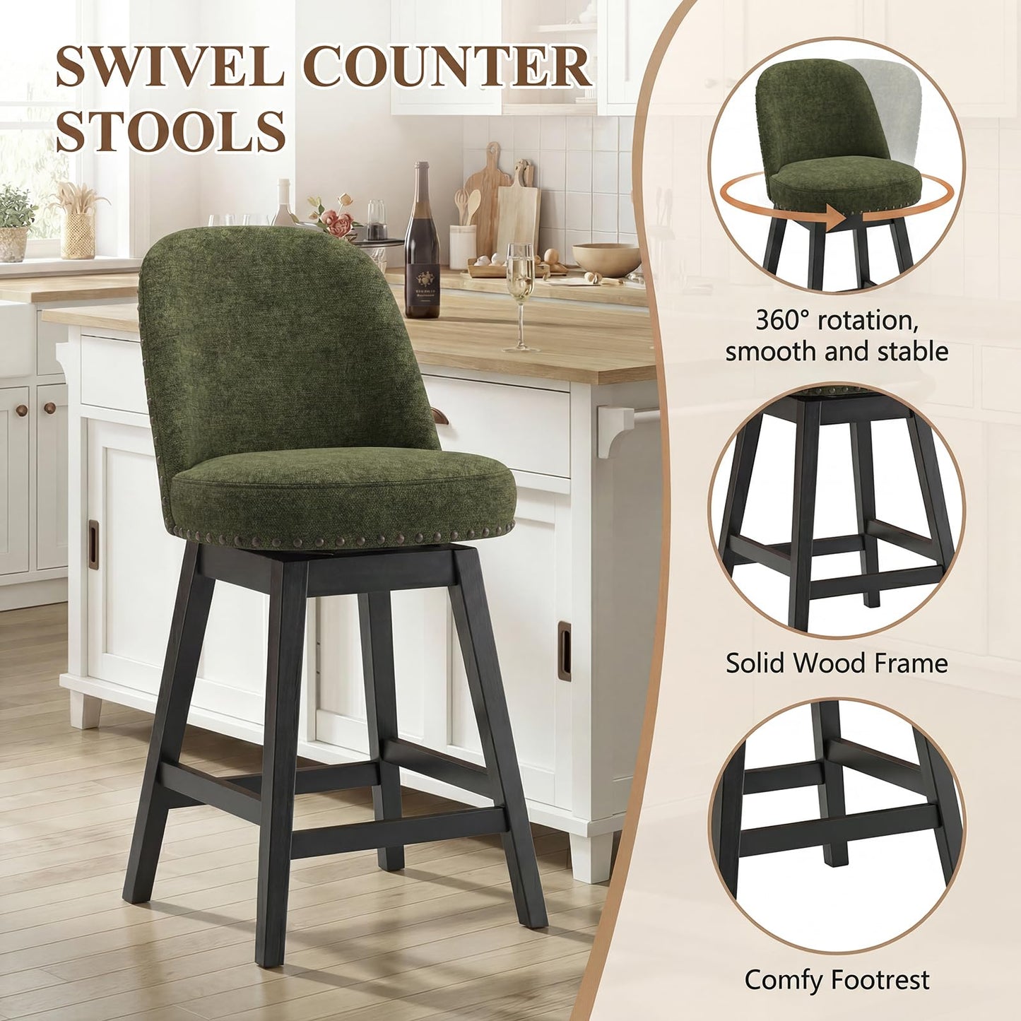 Bar Stools Set of 2, 360° Swivel Counter Stools with Upholstered Seat, Wooden Frame & Nailhead Trim