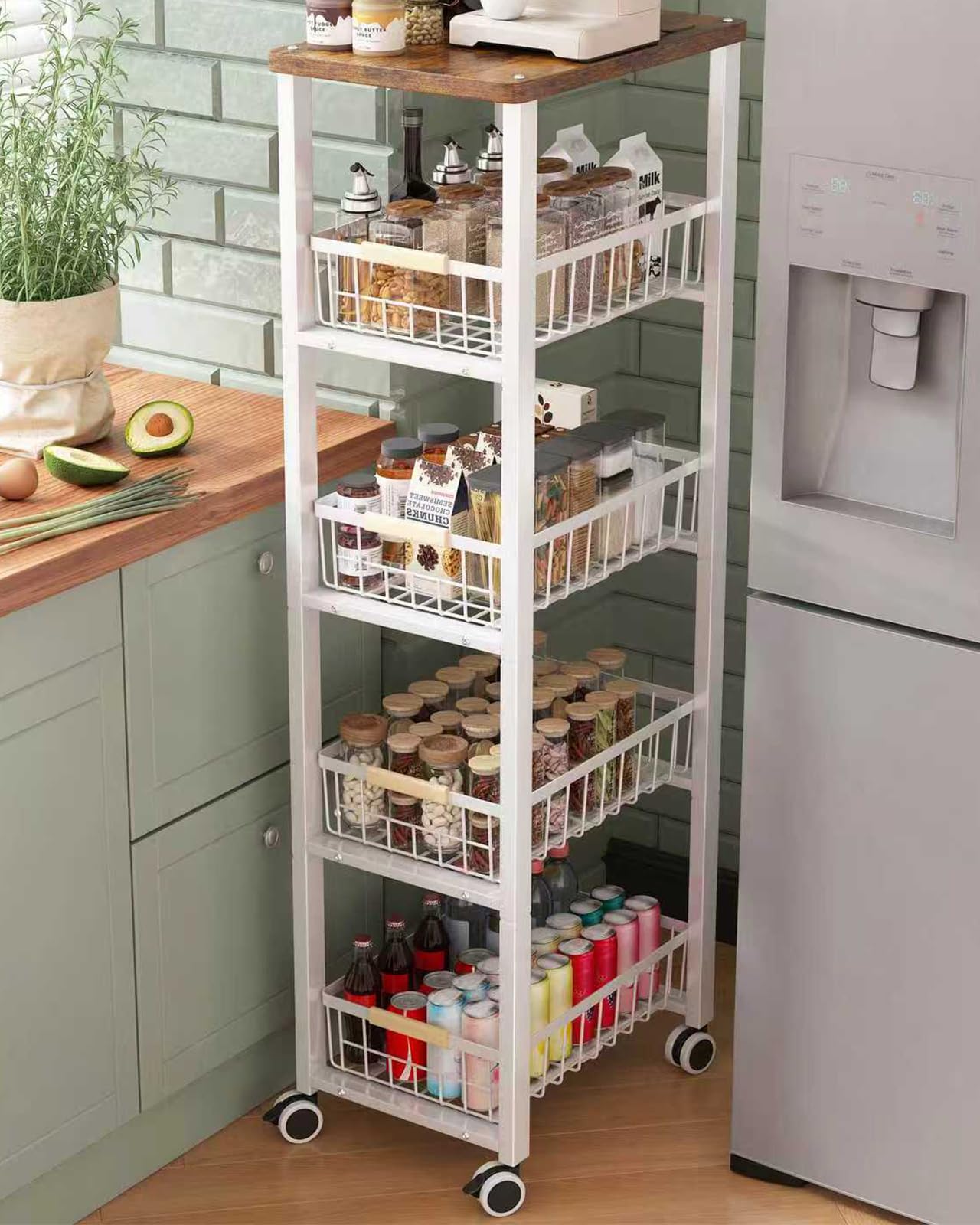 Ornestia 5-tier Vegetable Rack with Wooden Top for Kitchen Storage（White