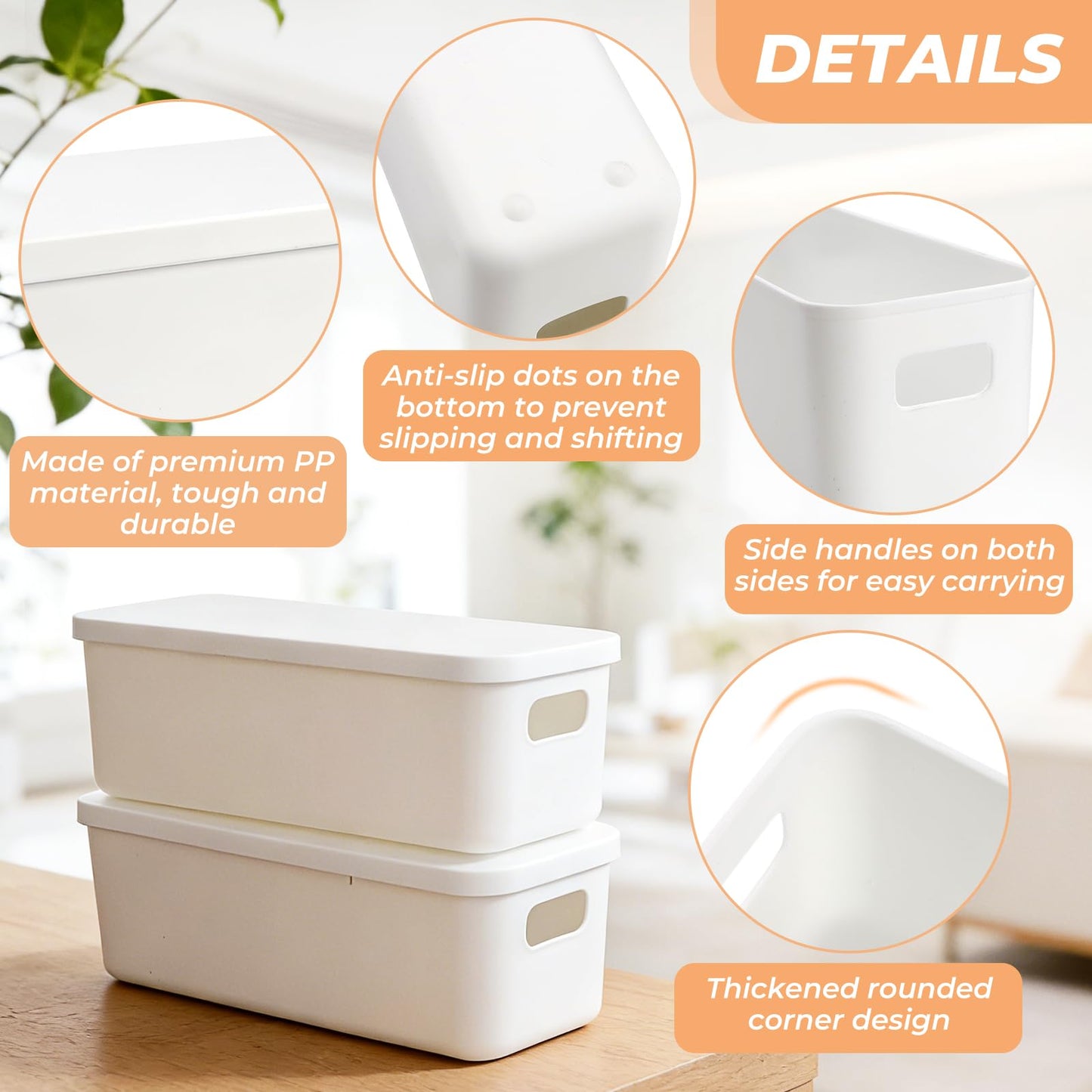 QUMENEY 4 Packs Narrow Plastic Storage Boxes with Lids White Shelf Baskets
