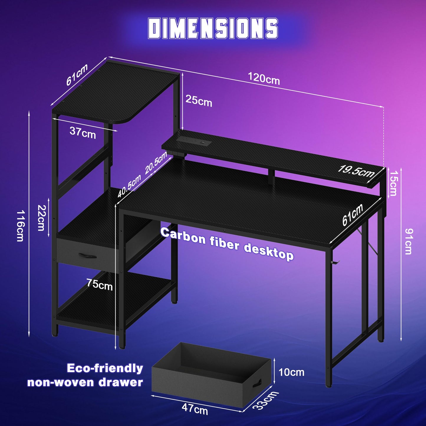 JUMMICO 140×60cm Gaming Desk with Power Outlet & LED Lights, Reversible L-Shaped Computer Desk with Monitor Stand, Storage Drawer & Shelves